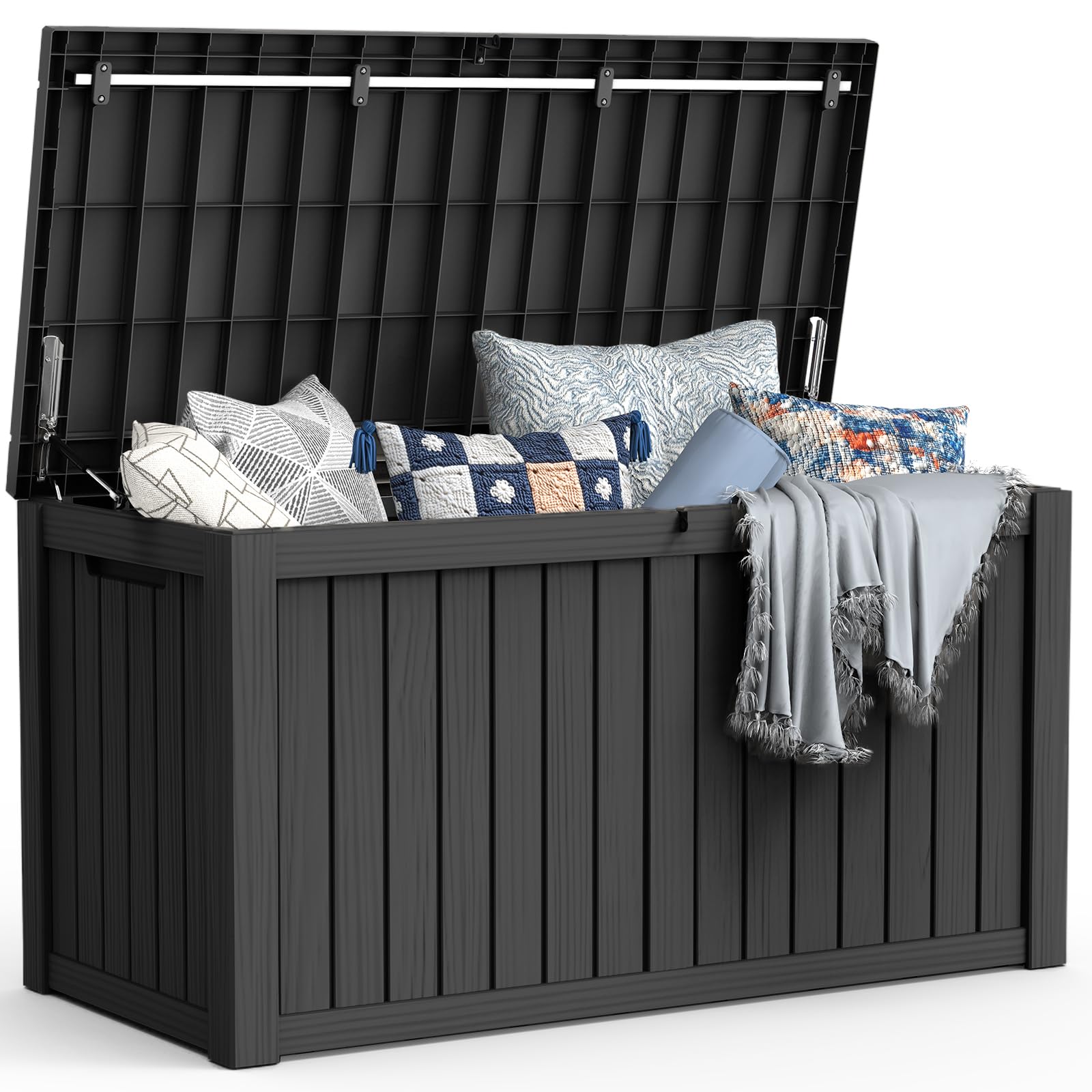 Mars Villa 100 Gallon Outdoor Storage Box, Large Resin Deck Box Waterproof, for Outside Patio Furniture Cushion, Pool Supply, with Hydraulic Hinge, UV-Resistant and Weatherproof, Rattan Black