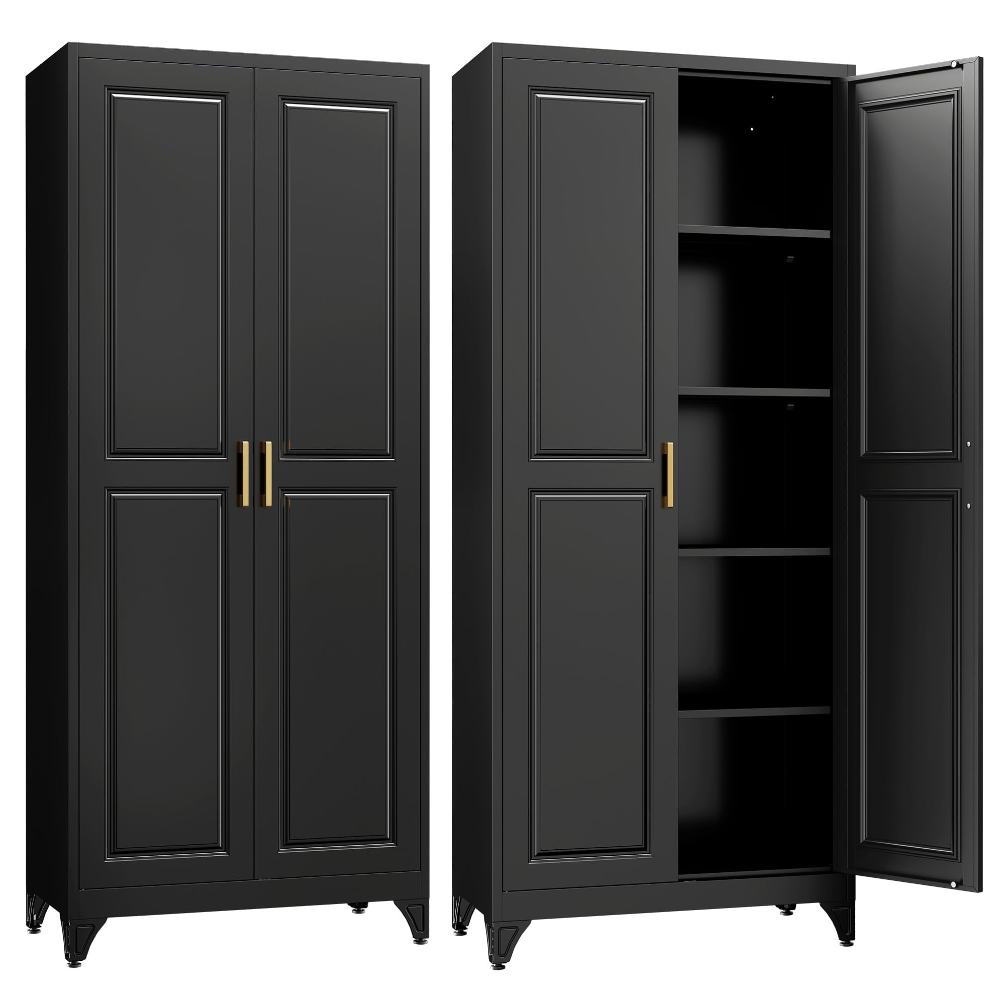 SteeLoong Kitchen Pantry Cabinet,71”Black Metal Pantry Storage Cabinet with Doors and 4 Adjustable Shelves,Kitchen Cabinet with 2 Gold Handles,Tall Cabinet for Livingroom,Pantry, Bathroom