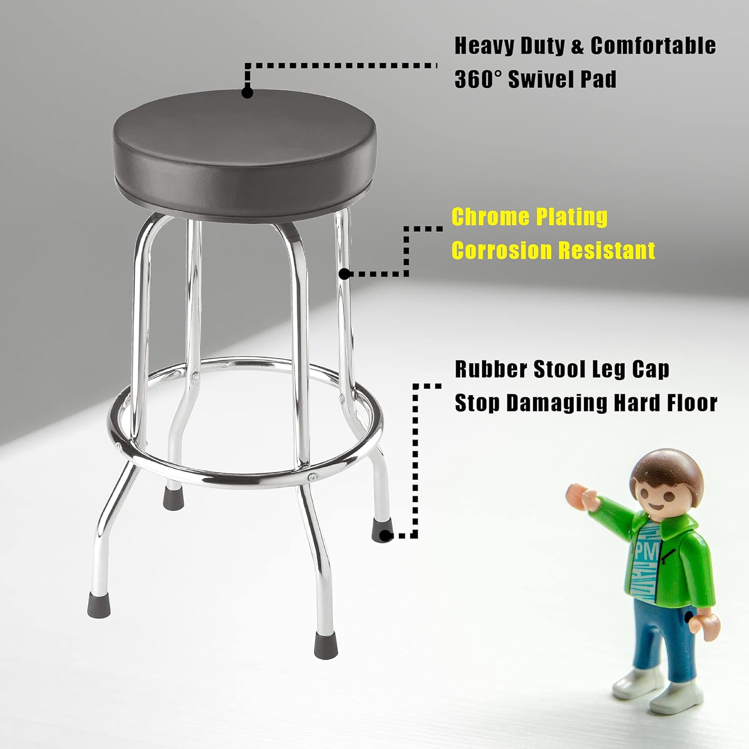 BIG RED Torin Swivel Bar Stool: Padded Garage/Shop Seat with Chrome Plated Legs, Black, 28.74" Tall, 18.5" Diameter