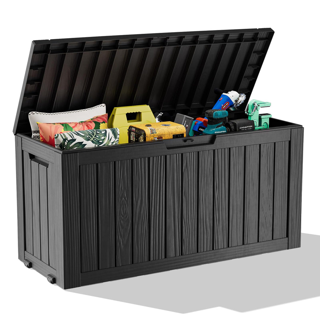 30 Gallon Outdoor Deck Box, Lockable Waterproof Outdoor Storage Boxes For Garden Tools,Indoor Cushions,Accessories Outside Storage Resin Weatherproof Container(Black)