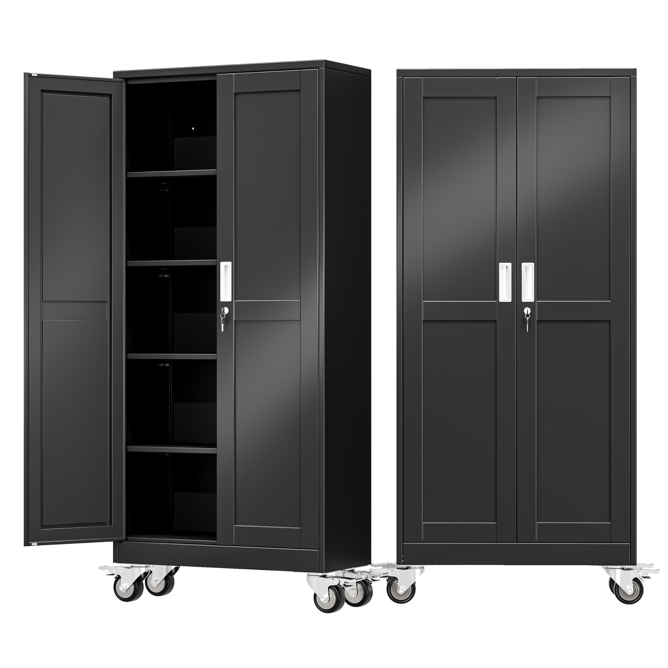 71" Metal Garage Storage Cabinet with Wheels and Locking Doors and Tall Rolling Steel Tool Cabinet with 4 Adjustable Shelves for Garage,Home,Office,Shop (Black, 71''H x 30''W x15''D)