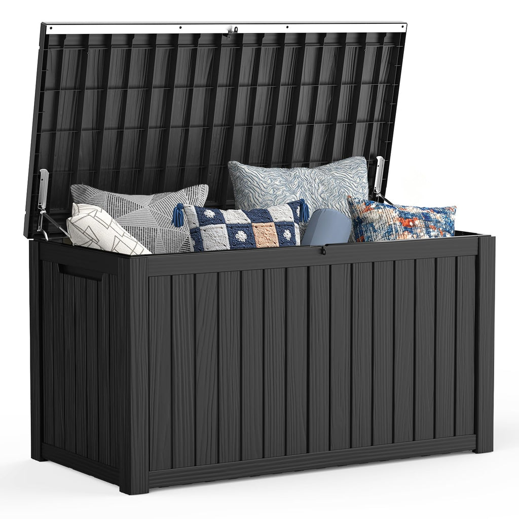 Mars Villa 100 Gallon Outdoor Storage Box, Large Resin Deck Box Waterproof, for Outside Patio Furniture Cushion, Pool Supply, with Hydraulic Hinge, UV-Resistant and Weatherproof, Rattan Black