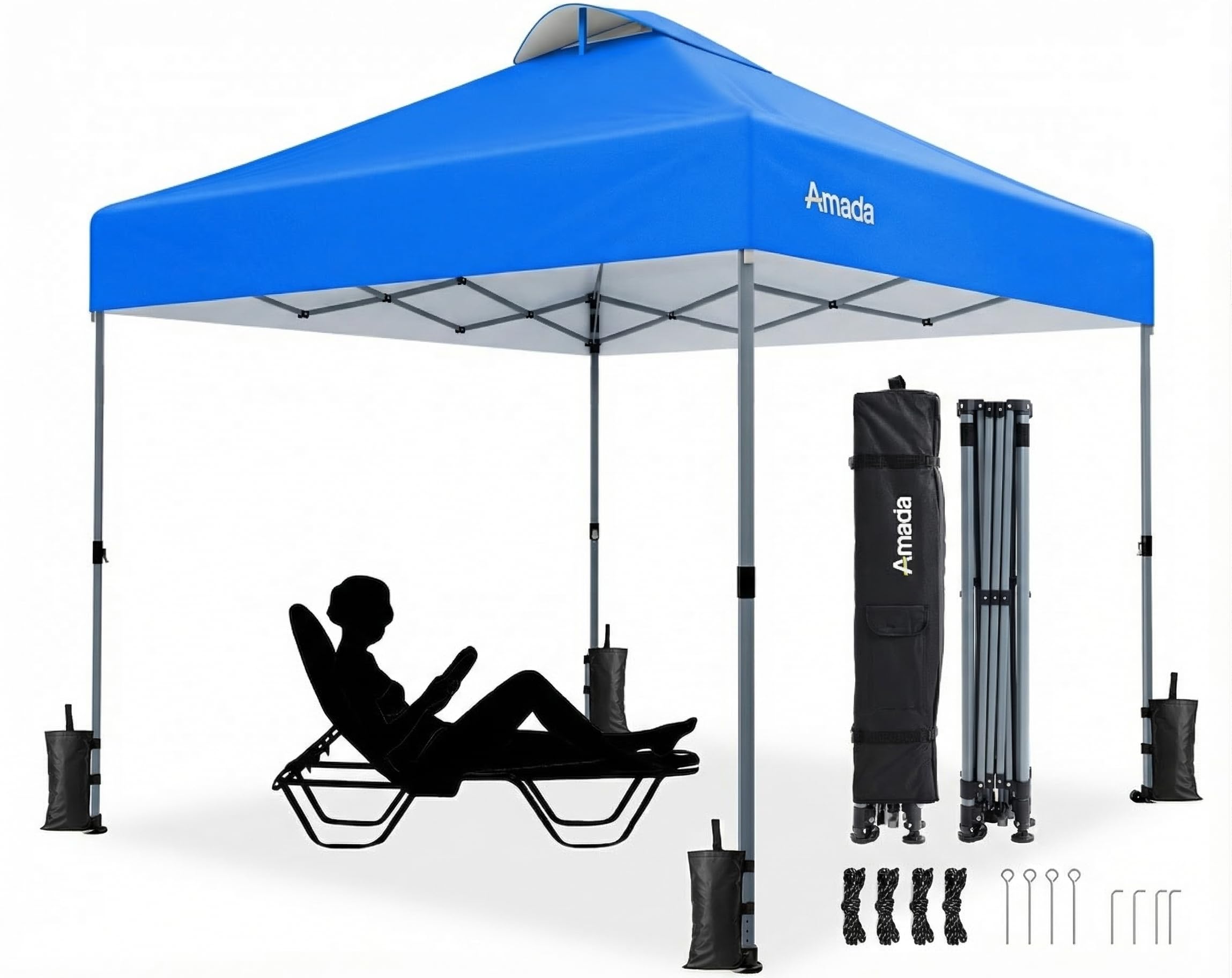 Amada 10x10 Pop Up Canopy Tent, 1-Button Push Easy-up Outdoor Canopy Beach Tent with 3-Height Adjustable Waterproof Shade Shelter, Wheeled STO-N-Go Bag 8 Stakes, 4 SandBags (Khaki)