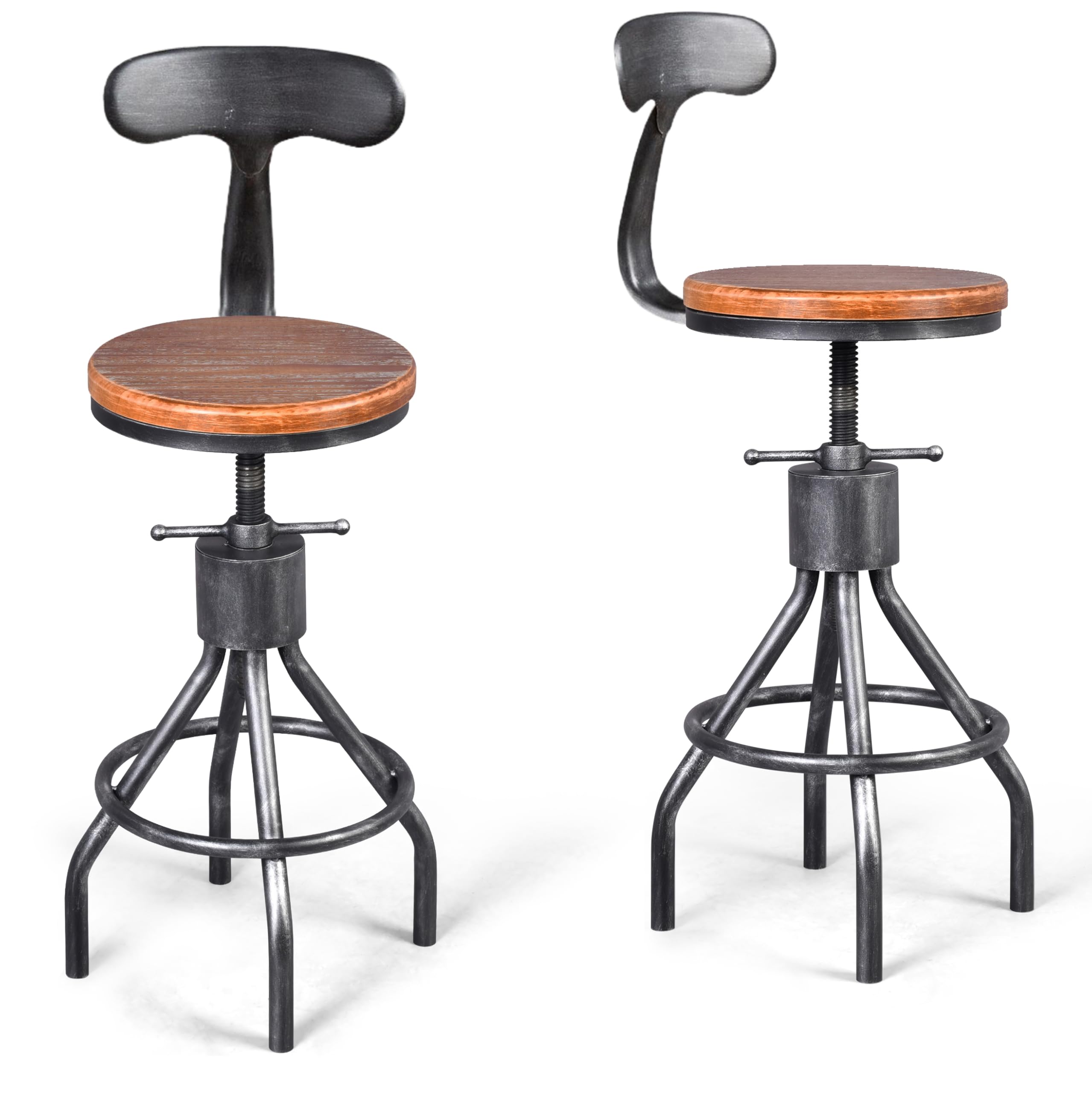 LOKKHAN Set of 2 Rustic Industrial Bar Stool-24-30 Tall Adjustable Metal Swivel Wooden Top Barstools-Counter Height Bar Height-Vintage Farmhouse Kitchen Breakfast Cafe Stool-with Backrest