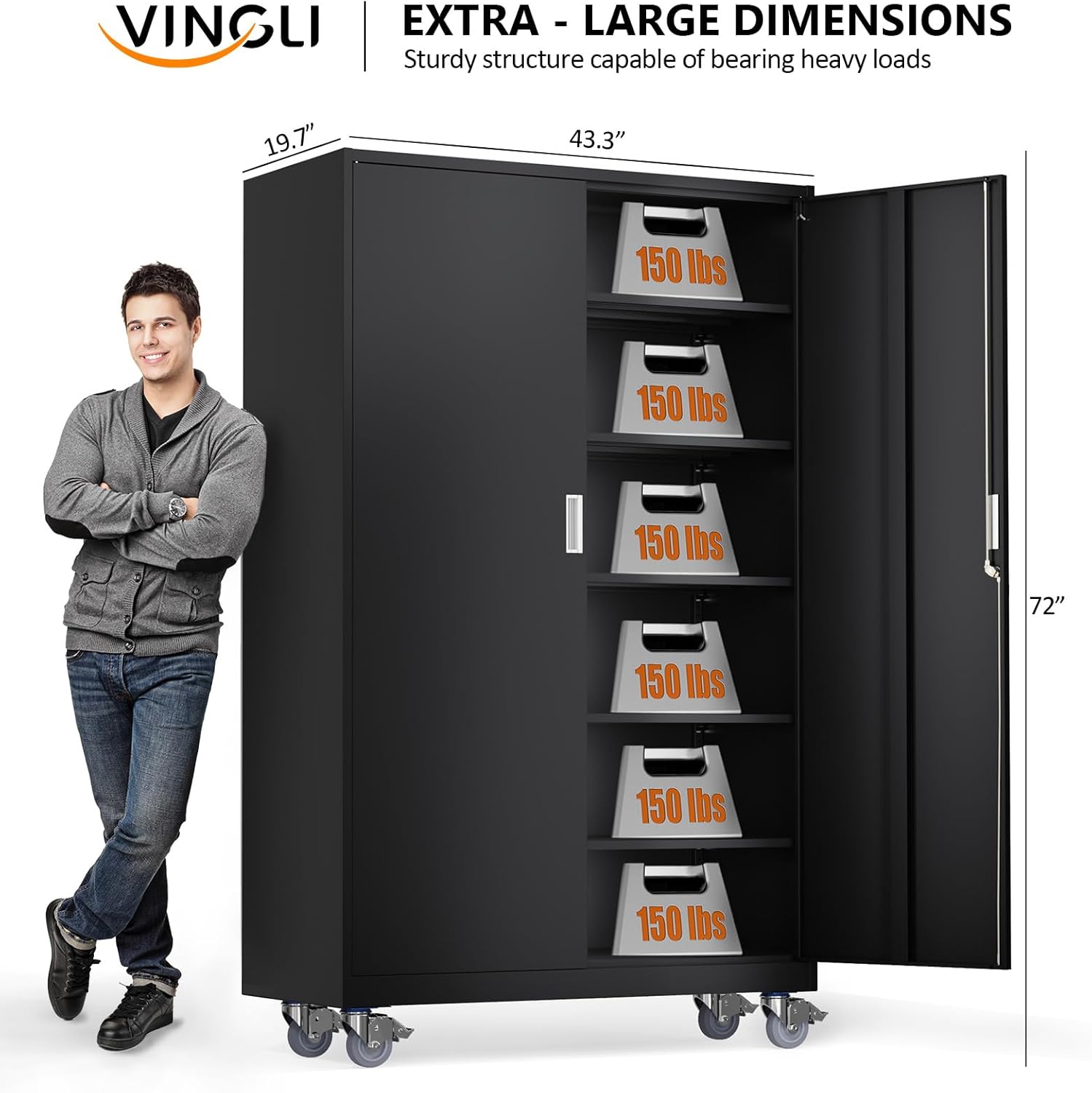 VINGLI Large Metal Storage Cabinet with 2 Doors and 5 Adjustable Shelves, Upgraded Height & Wide & Deep, 43''W x 20''D x 72''H, Oversized Garage Storage Cabinet with Wheels and Locks (Black)