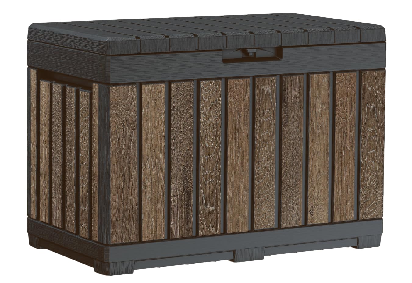 Keter Signature Everwood 30 Gallon Resin Outdoor Storage Box and Patio Furniture Side Table for Pool and Garden Accessories, Walnut