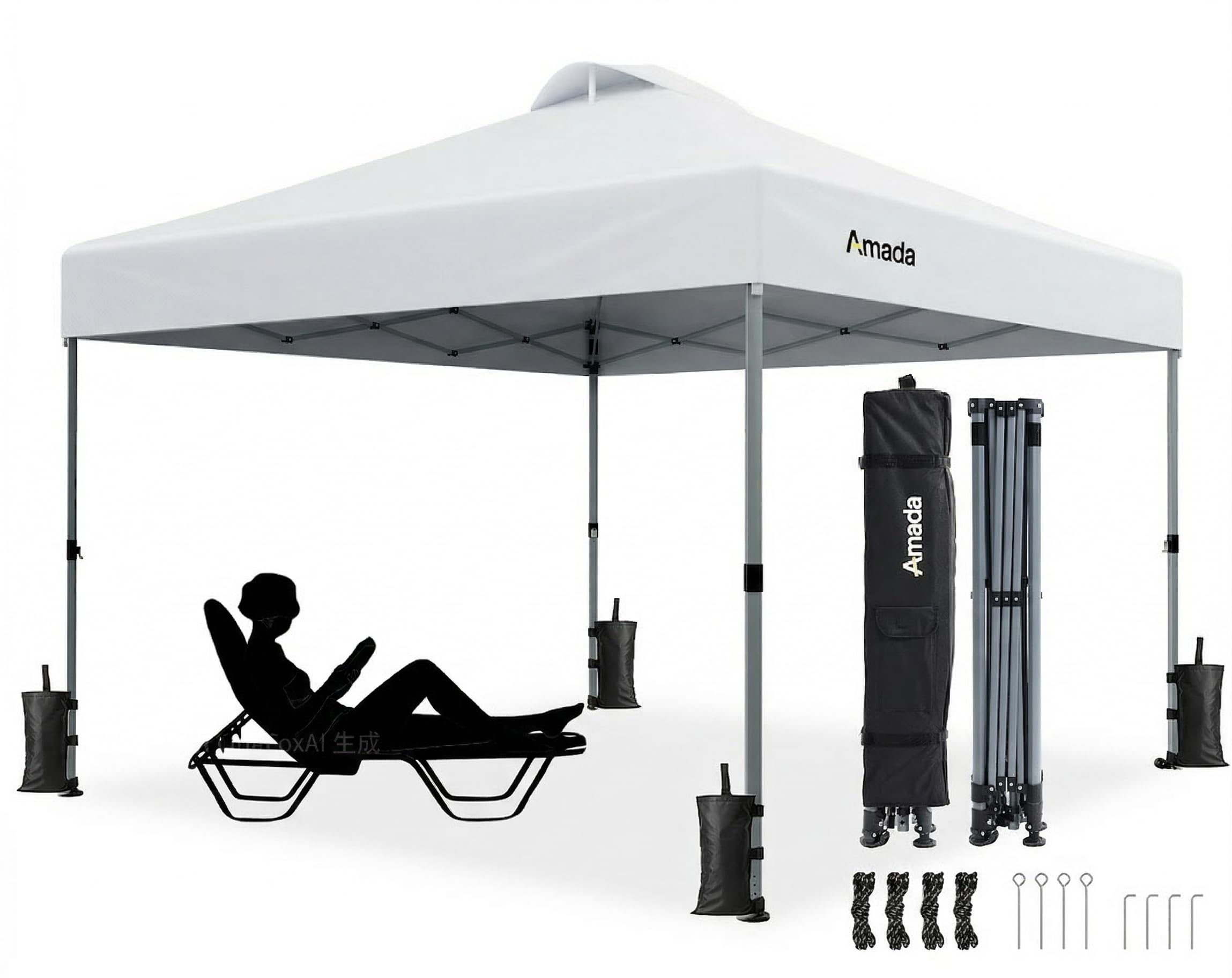 Amada 10x10 Pop Up Canopy Tent, 1-Button Push Easy-up Outdoor Canopy Beach Tent with 3-Height Adjustable Waterproof Shade Shelter, Wheeled STO-N-Go Bag 8 Stakes, 4 SandBags (Khaki)