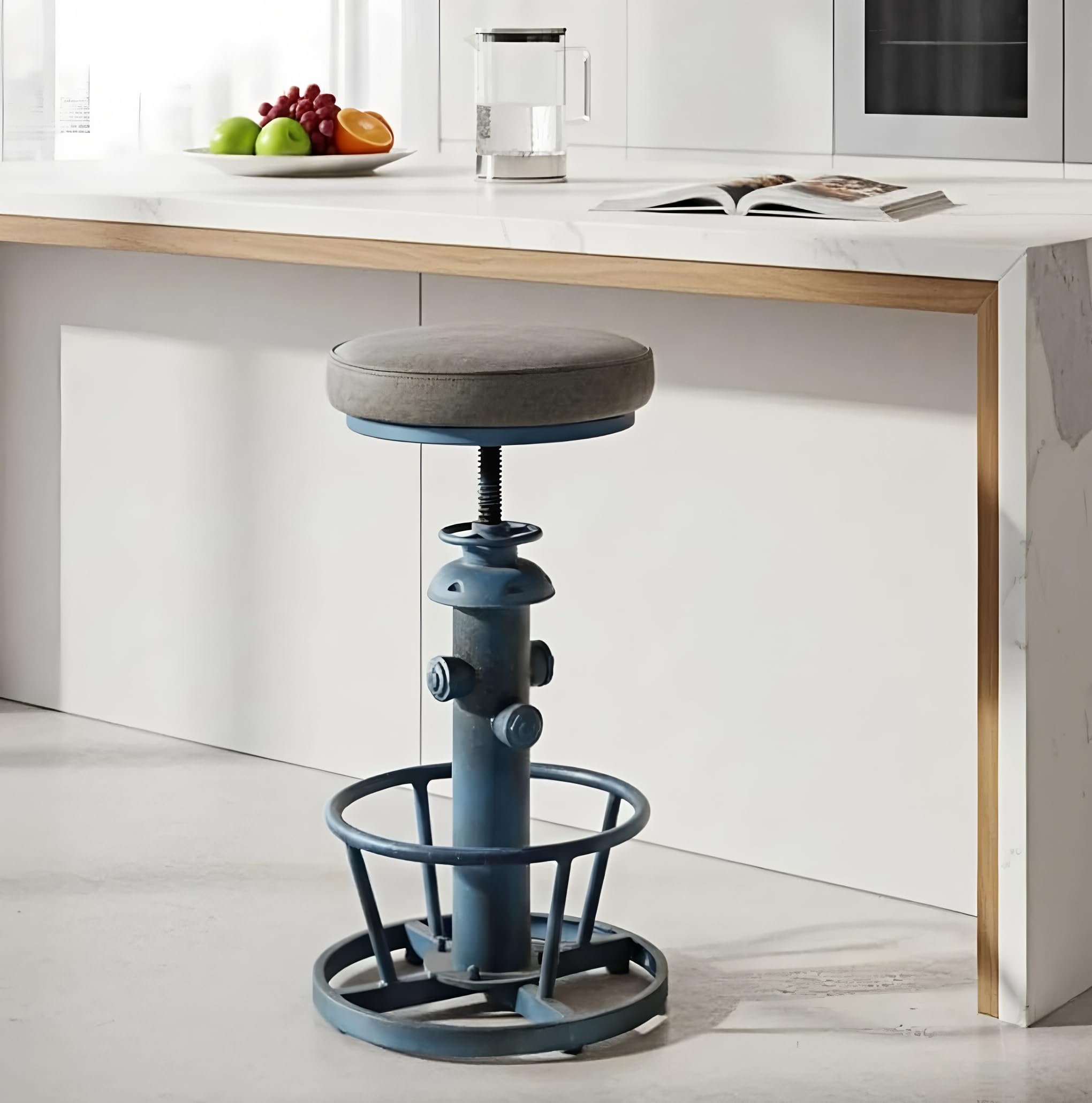 Topower Antique Industrial Round Bottom Adjustable Height Cafe Coffee Retro Vintage Stylish Water Pipe Design Pub Kitchen Bar Stool (Silver, PU Leather Top)