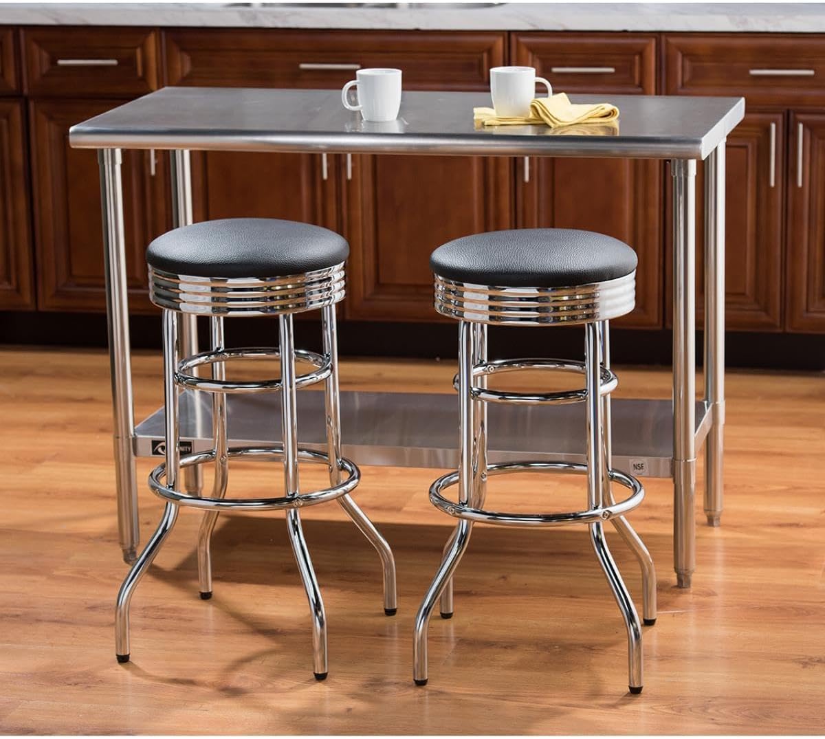 TRINITY Heavy Duty 30-Inch Backless Swivel Bar Stool for Kitchen, Garage, or Workshop, Chrome Finish with Faux Leather Seat, 2 Pack, Black
