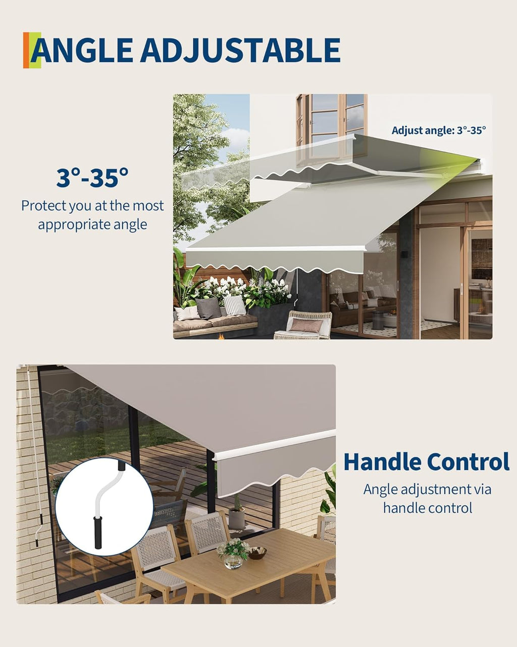 GarveeLife 13'x10' Retractable Awning, Waterproof Patio Awning, Sun Shade Awning with Manual Crank Handle, Aluminum Frame, 280 g/㎡ Polyester Fabric, for Deck, Porch, Balcony, Grey