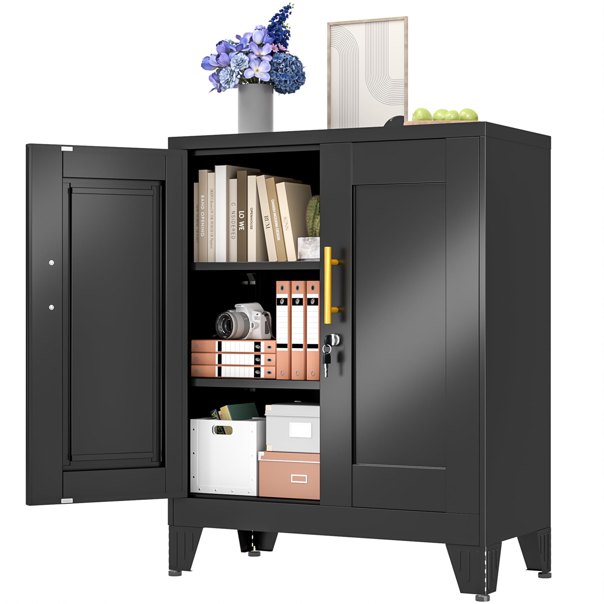 Black Metal Storage Cabinet, 61" Steel Cabinets for Home Office, Kitchen Pantry Storage Cabinet with Doors and 3 Adjustable Shelves, Metal Tool Cabinet, for Office, Home, Garage, School