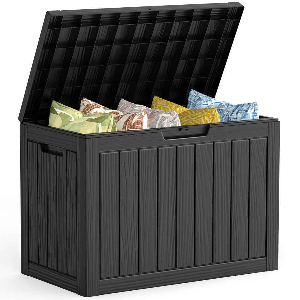 Mars Villa 100 Gallon Outdoor Storage Box, Large Resin Deck Box Waterproof, for Outside Patio Furniture Cushion, Pool Supply, with Hydraulic Hinge, UV-Resistant and Weatherproof, Rattan Black