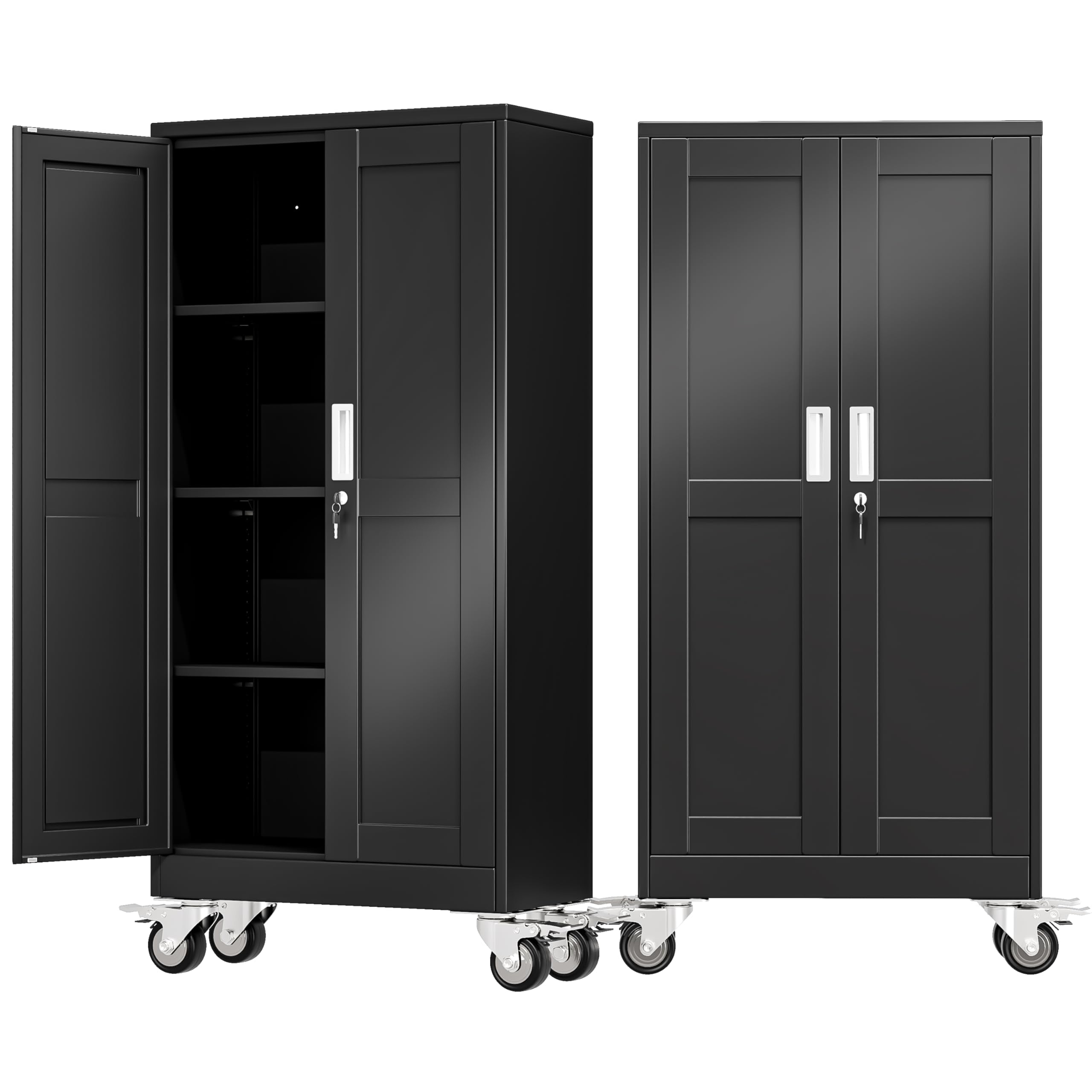 71" Metal Garage Storage Cabinet with Wheels and Locking Doors and Tall Rolling Steel Tool Cabinet with 4 Adjustable Shelves for Garage,Home,Office,Shop (Black, 71''H x 30''W x15''D)