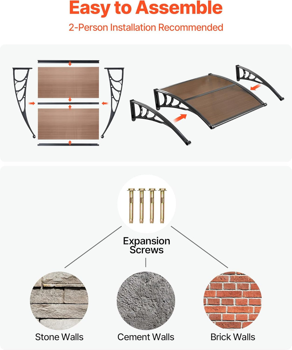 VEVOR Awnings for Door Entrance, 38" x 40" Window Door Awning Canopy Exterior with Drainage & ABS Bracket, Polycarbonate Cover Patio Door Awnings for Sun, UV, Rain, Snow Protection（Brown）