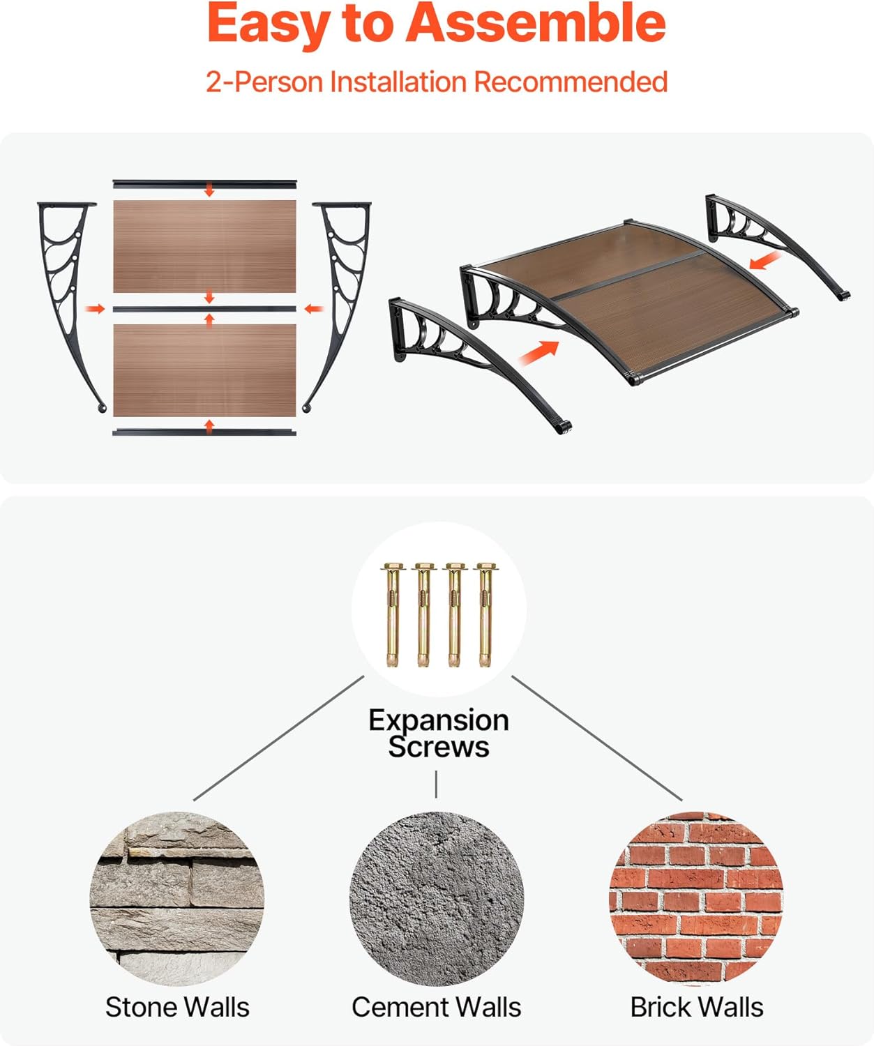 VEVOR Awnings for Door Entrance, 38" x 40" Window Door Awning Canopy Exterior with Drainage & ABS Bracket, Polycarbonate Cover Patio Door Awnings for Sun, UV, Rain, Snow Protection（Brown）