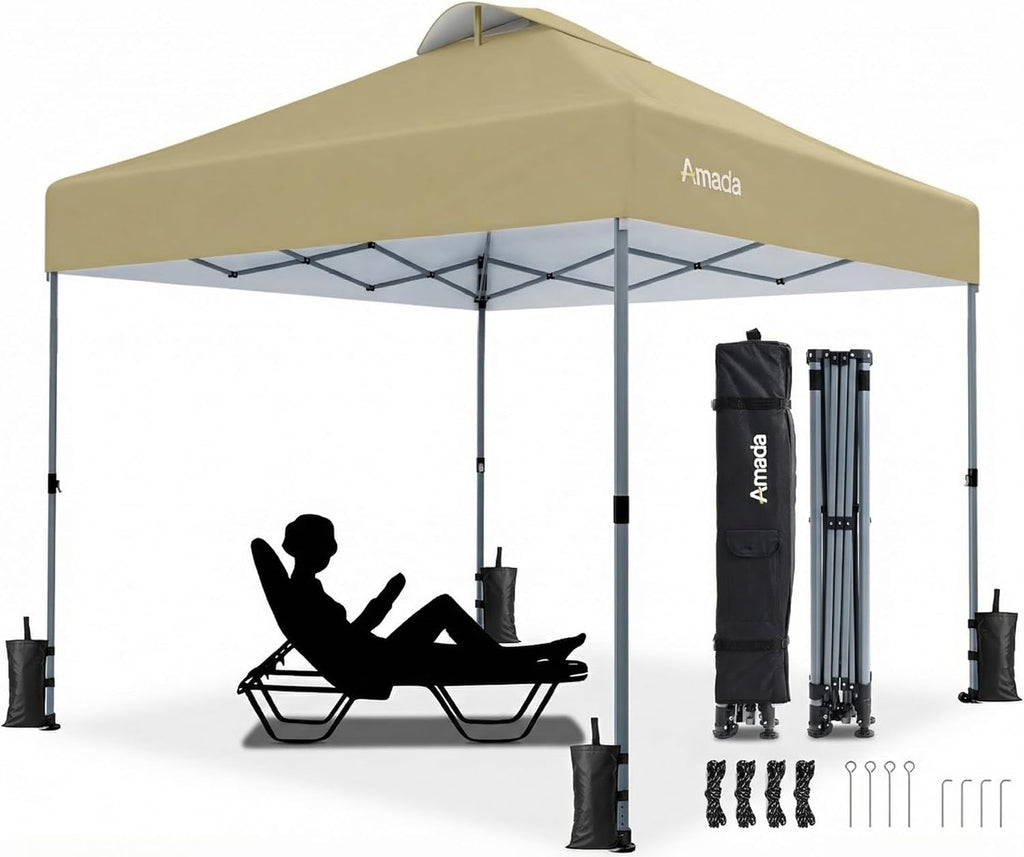 Amada 10x10 Pop Up Canopy Tent, 1-Button Push Easy-up Outdoor Canopy Beach Tent with 3-Height Adjustable Waterproof Shade Shelter, Wheeled STO-N-Go Bag 8 Stakes, 4 SandBags (Khaki)