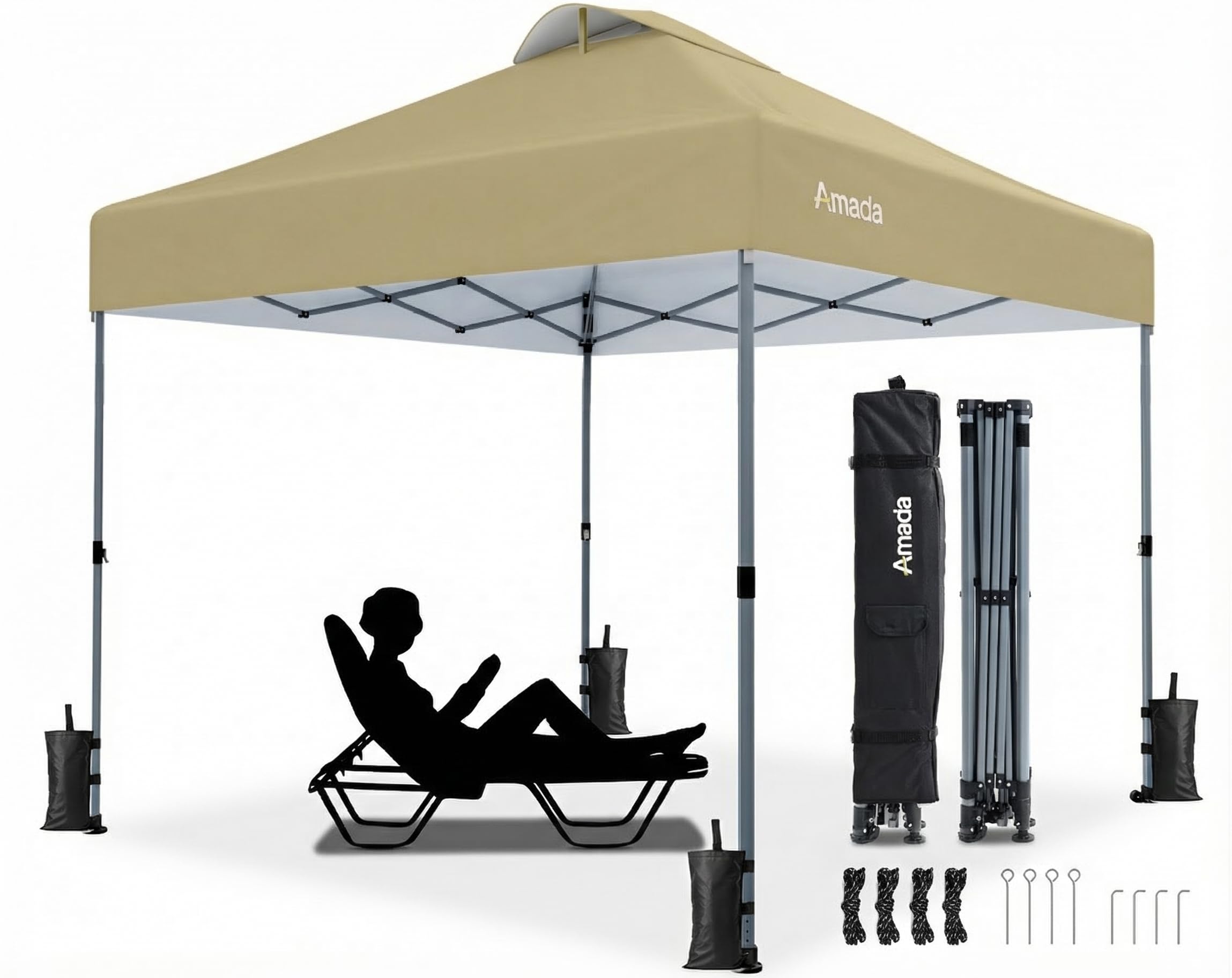 Amada 10x10 Pop Up Canopy Tent, 1-Button Push Easy-up Outdoor Canopy Beach Tent with 3-Height Adjustable Waterproof Shade Shelter, Wheeled STO-N-Go Bag 8 Stakes, 4 SandBags (Khaki)