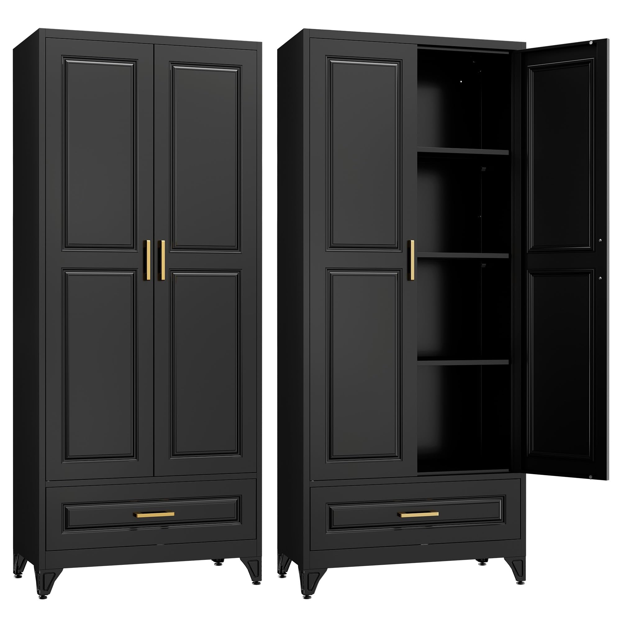 SteeLoong Kitchen Pantry Cabinet,71”Black Metal Pantry Storage Cabinet with Doors and 4 Adjustable Shelves,Kitchen Cabinet with 2 Gold Handles,Tall Cabinet for Livingroom,Pantry, Bathroom