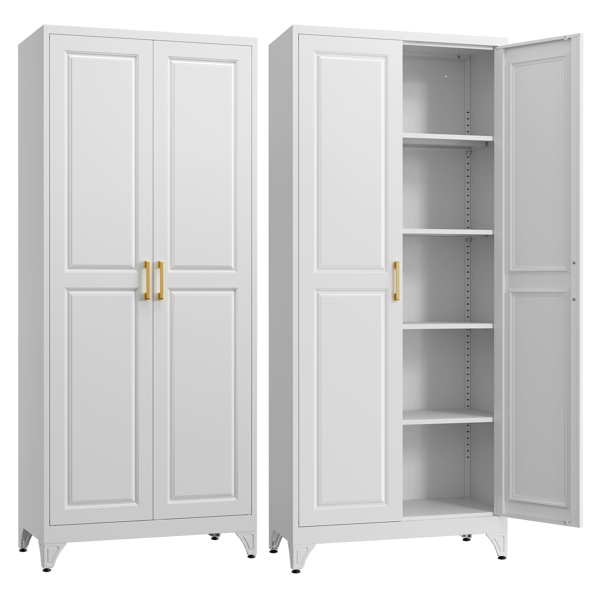 SteeLoong Kitchen Pantry Cabinet,71”Black Metal Pantry Storage Cabinet with Doors and 4 Adjustable Shelves,Kitchen Cabinet with 2 Gold Handles,Tall Cabinet for Livingroom,Pantry, Bathroom