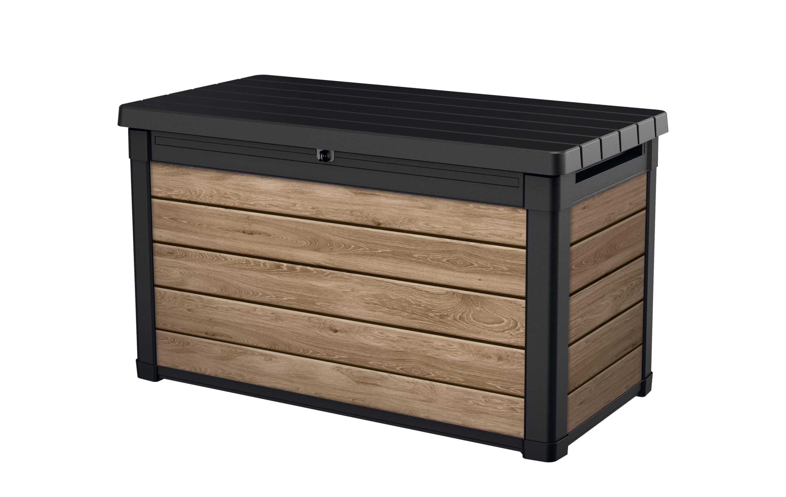 Keter Signature Everwood 30 Gallon Resin Outdoor Storage Box and Patio Furniture Side Table for Pool and Garden Accessories, Walnut
