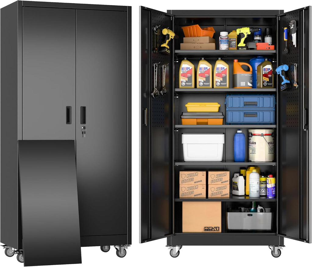 SUXXAN Heavy Duty Metal Storage Cabinet with Wheels and Pegboard, 71" Tall Industrial Steel Cabinet with 5 Adjustable Shelves & Locking Doors for Garage, Office, Pantry, Warehouse, Black