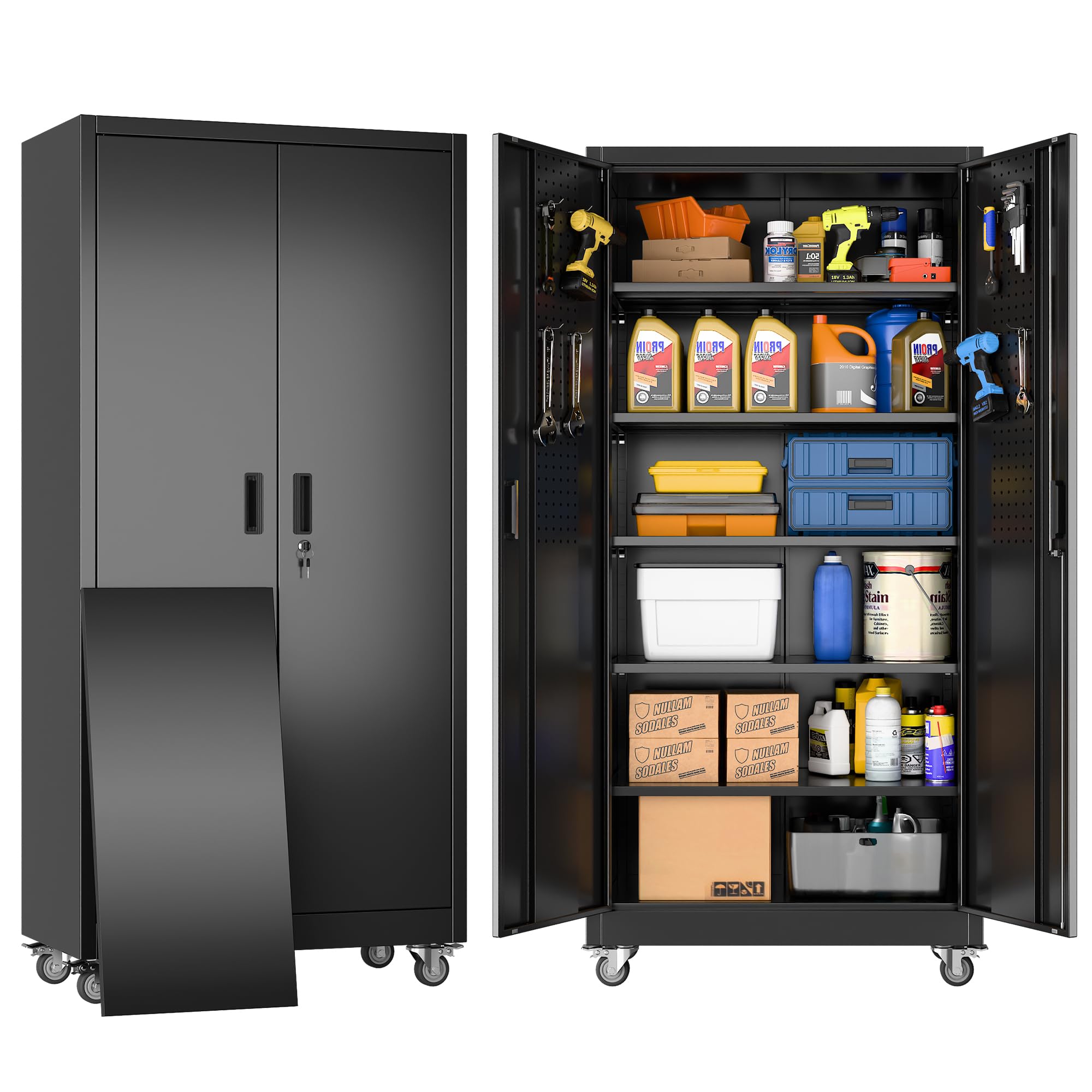 SUXXAN Metal Storage Cabinet with Wheels and Pegboard, 71" Tall Industrial Steel Cabinet with 5 Adjustable Shelves & Locking Doors, Rolling Garage Storage Cabinet for Office, Pantry, Home