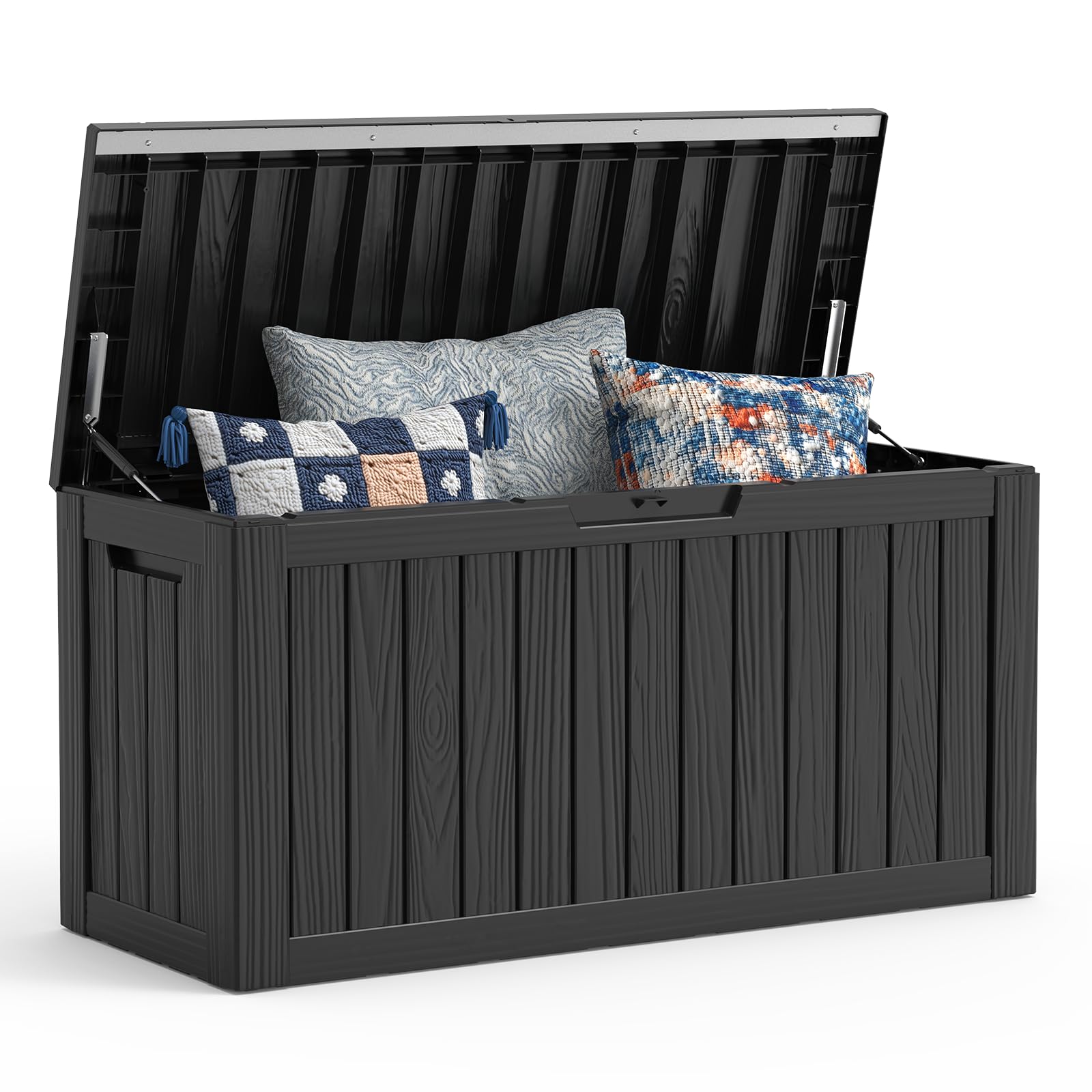 Mars Villa 100 Gallon Outdoor Storage Box, Large Resin Deck Box Waterproof, for Outside Patio Furniture Cushion, Pool Supply, with Hydraulic Hinge, UV-Resistant and Weatherproof, Rattan Black