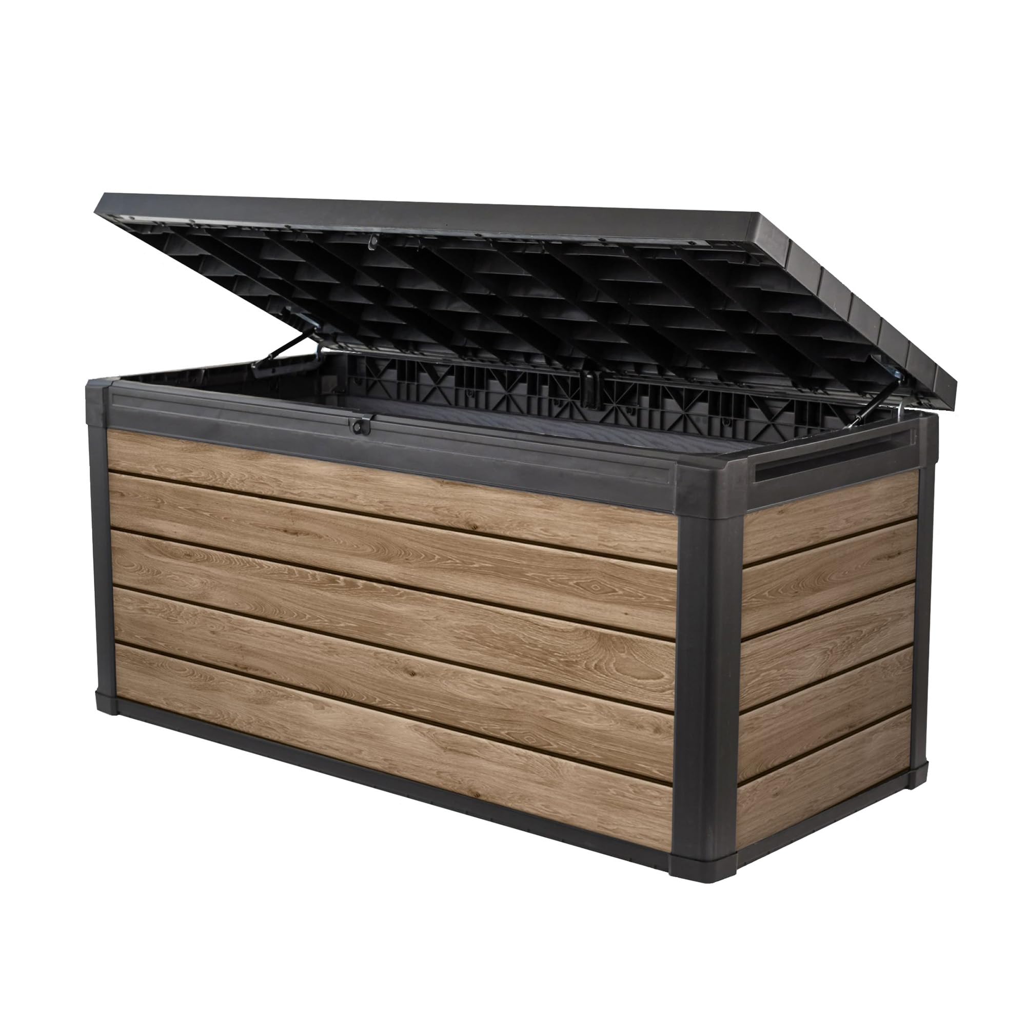 Keter Signature Everwood 30 Gallon Resin Outdoor Storage Box and Patio Furniture Side Table for Pool and Garden Accessories, Walnut