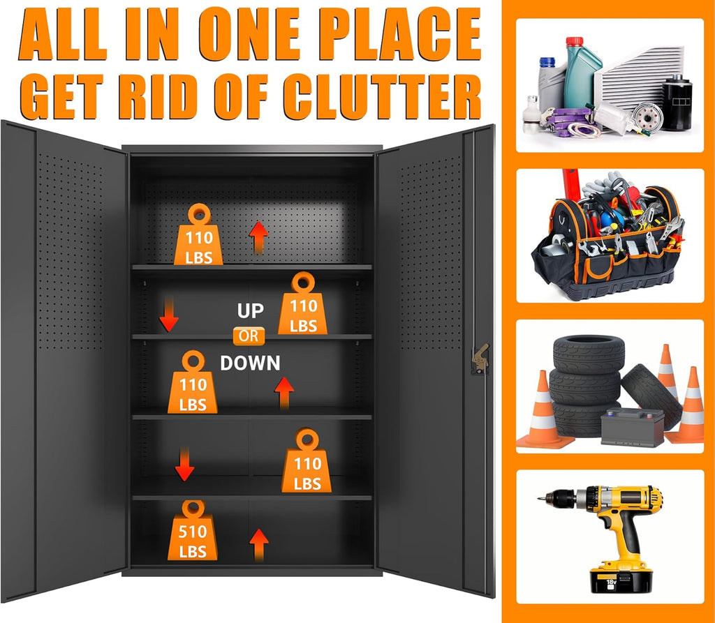 Upgraded Wide Metal Storage Cabinet - 72 Inch Black Lockable Garage Cabinet with Wheels & 4 Adjustable Shelves | Heavy-Duty Steel Cabinet for Garage, Office, Pantry, Gym