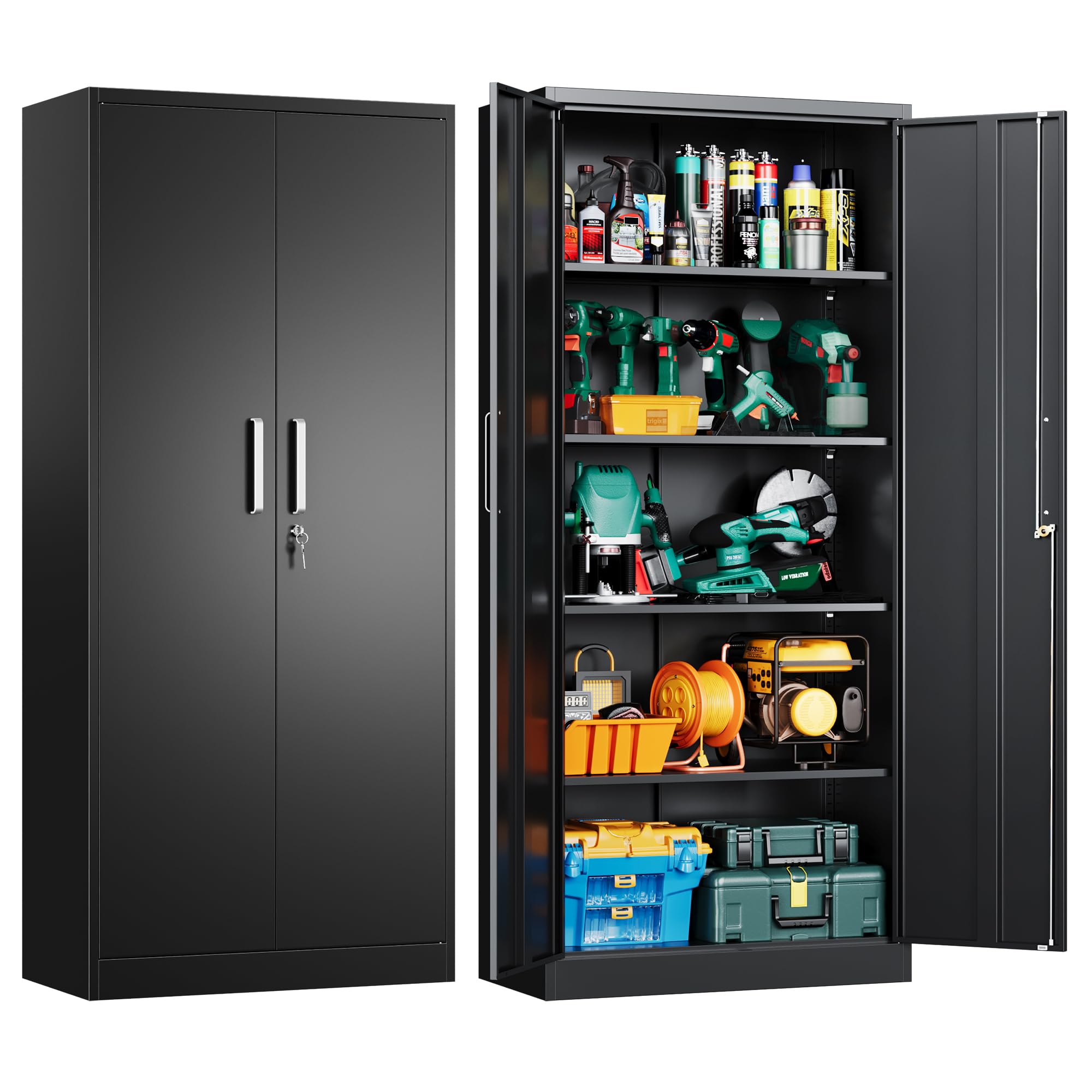 Metal Garage Storage Cabinet with Doors and Adjustable Shelves, 71" Tall Locker Organizer Steel Garage Cabinets, Lockable File Cabinet for Home, Office, Warehouse, Tools