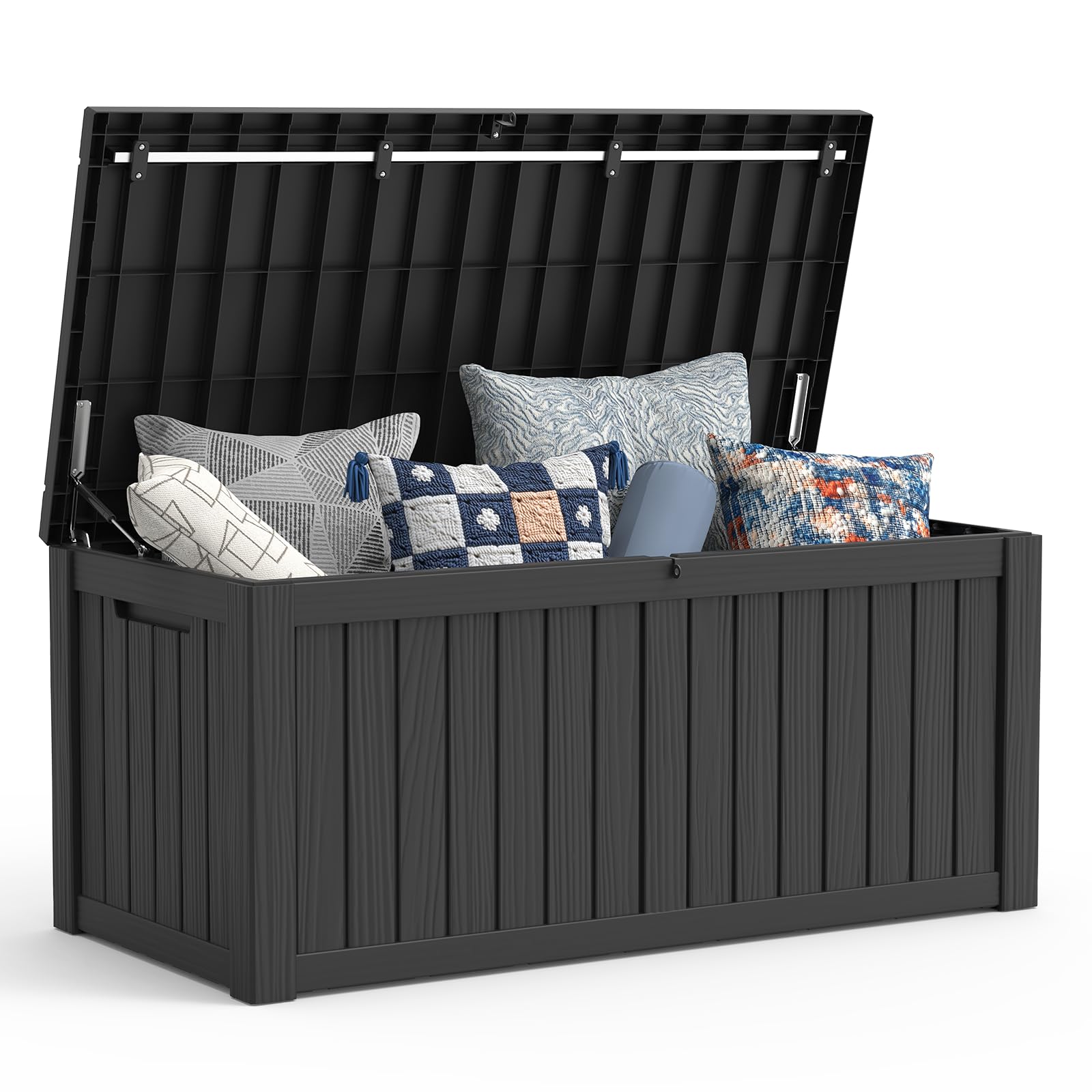 Mars Villa 100 Gallon Outdoor Storage Box, Large Resin Deck Box Waterproof, for Outside Patio Furniture Cushion, Pool Supply, with Hydraulic Hinge, UV-Resistant and Weatherproof, Rattan Black