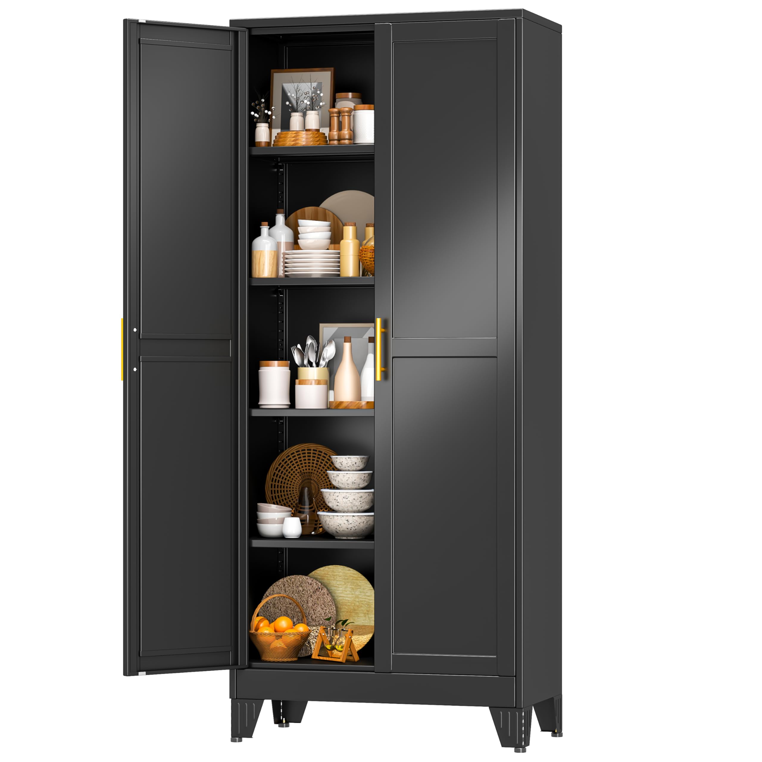 Black Metal Storage Cabinet, 61" Steel Cabinets for Home Office, Kitchen Pantry Storage Cabinet with Doors and 3 Adjustable Shelves, Metal Tool Cabinet, for Office, Home, Garage, School