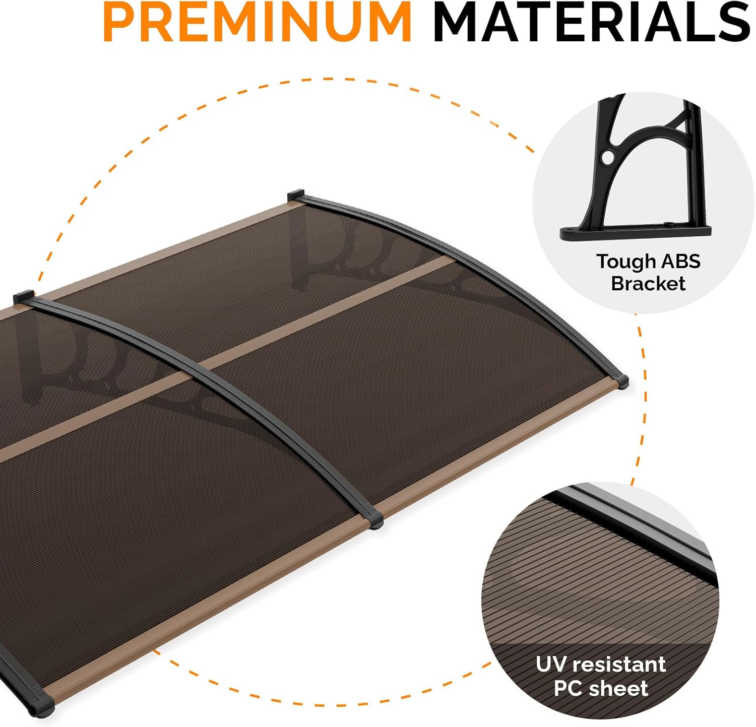 VINGLI Window Awning Door Canopy Exterior, 40" x 80" Awnings for Doors Polycarbonate Cover Patio Door Awning Rain Snow Sunlight Protection Hollow Sheet (Brown Board & Black Bracket)