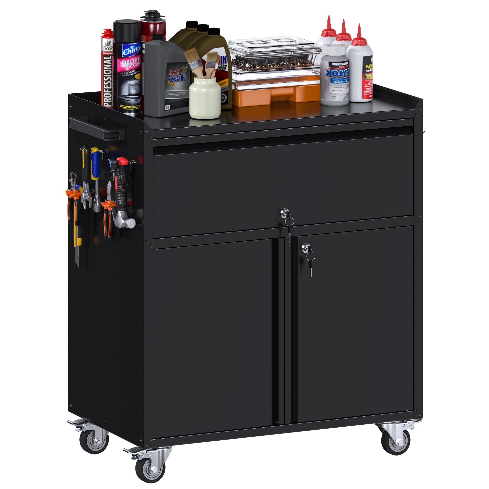 SUXXAN Heavy Duty Metal Storage Cabinet with Wheels and Pegboard, 71" Tall Industrial Steel Cabinet with 5 Adjustable Shelves & Locking Doors for Garage, Office, Pantry, Warehouse, Black