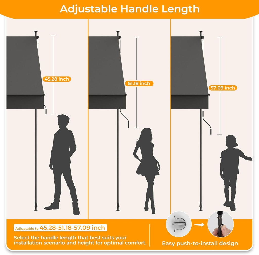 HOMEDEMO Manual Retractable Awning, 79" W x 118" H Retractable Side Bar 47-59", Outdoor Patio Awnings Height Adjustable 82-118", NO Drilling Awings for Backyard Garden Porch Outside Carbon Gray