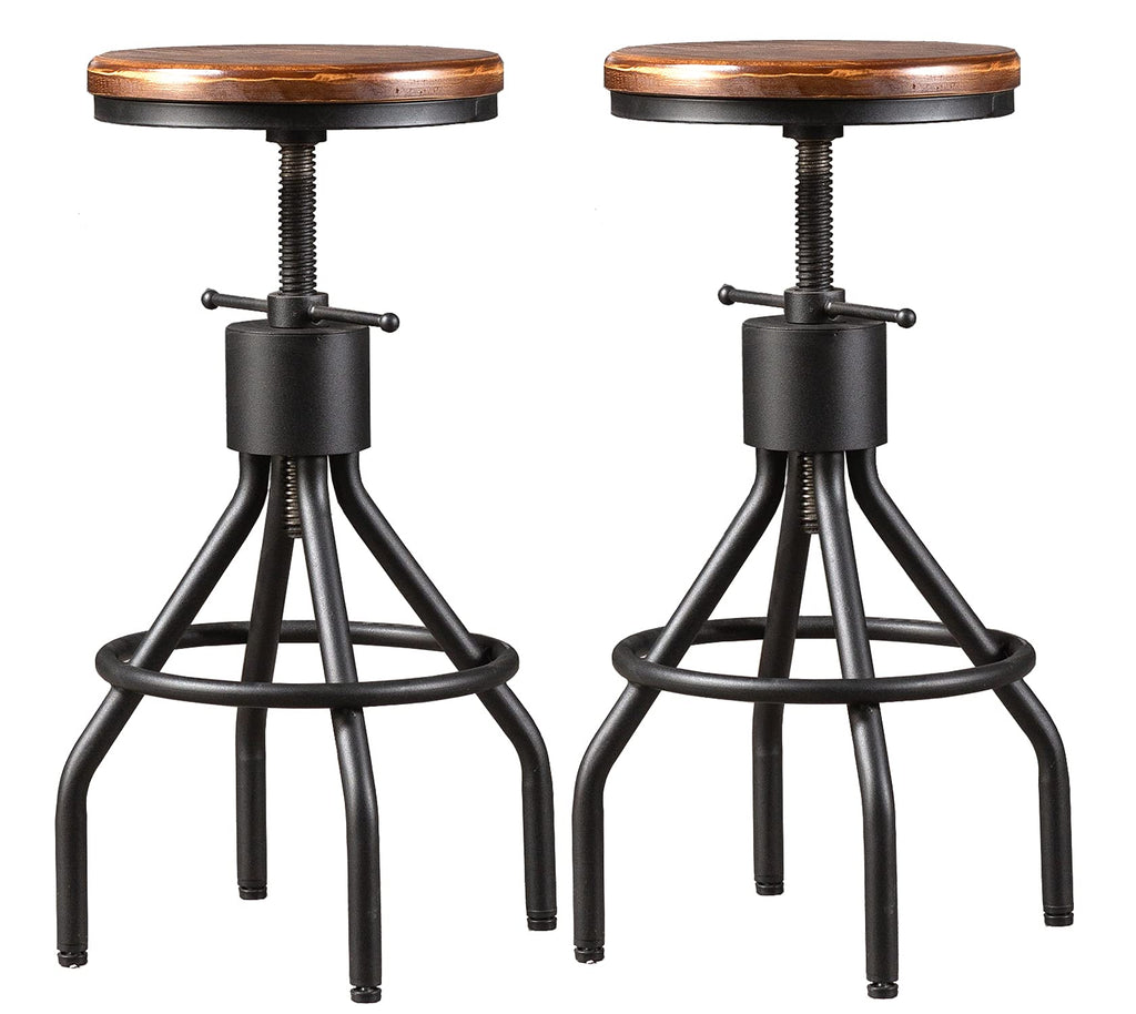 LOKKHAN Set of 2 Industrial Bar Stool-Vintage Adjustable PU Leather Metal Swivel Bar Stool-Cast Iron-23-30 Inch Tall Counter Bar Height Farmhouse Kitchen Stools