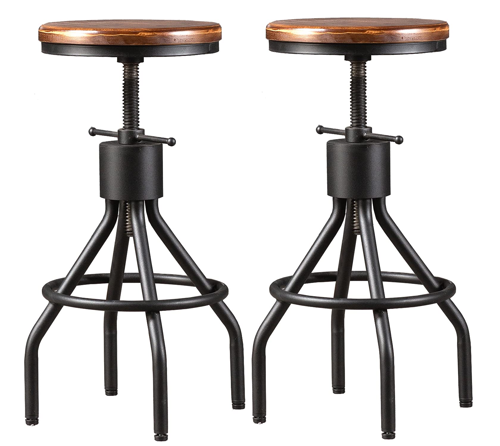 LOKKHAN Set of 2 Industrial Bar Stool-Vintage Adjustable PU Leather Metal Swivel Bar Stool-Cast Iron-23-30 Inch Tall Counter Bar Height Farmhouse Kitchen Stools