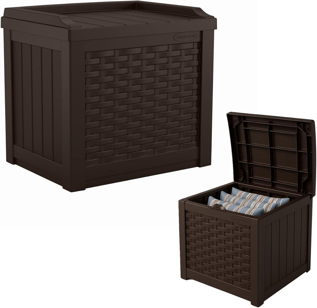 Suncast Outdoor Deck Box - 22 Gallon Java Resin Outdoor Storage Box, Weatherproof Patio Storage Bin Container for Seating & Organizing Cushions, Tools & Towels for Pool, Yard, & Garden