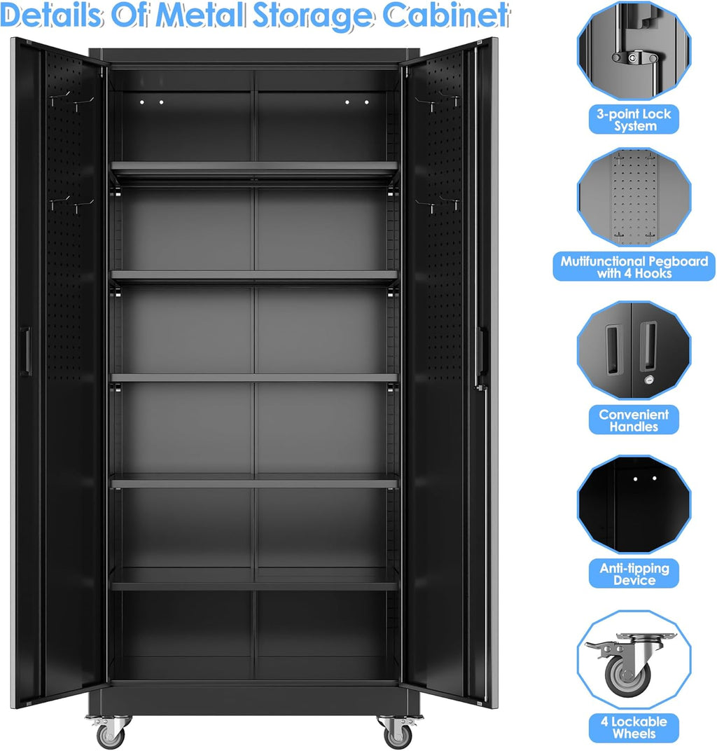 SUXXAN Heavy Duty Metal Storage Cabinet with Wheels and Pegboard, 71" Tall Industrial Steel Cabinet with 5 Adjustable Shelves & Locking Doors for Garage, Office, Pantry, Warehouse, Black