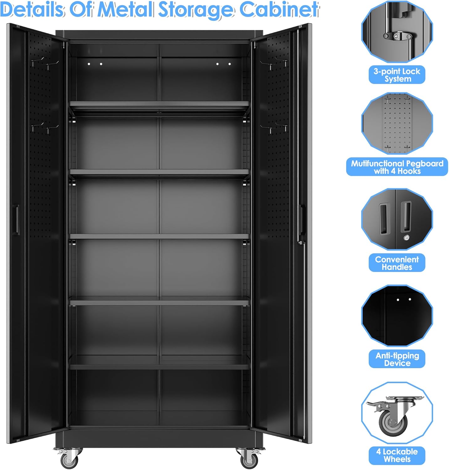 SUXXAN Heavy Duty Metal Storage Cabinet with Wheels and Pegboard, 71" Tall Industrial Steel Cabinet with 5 Adjustable Shelves & Locking Doors for Garage, Office, Pantry, Warehouse, Black