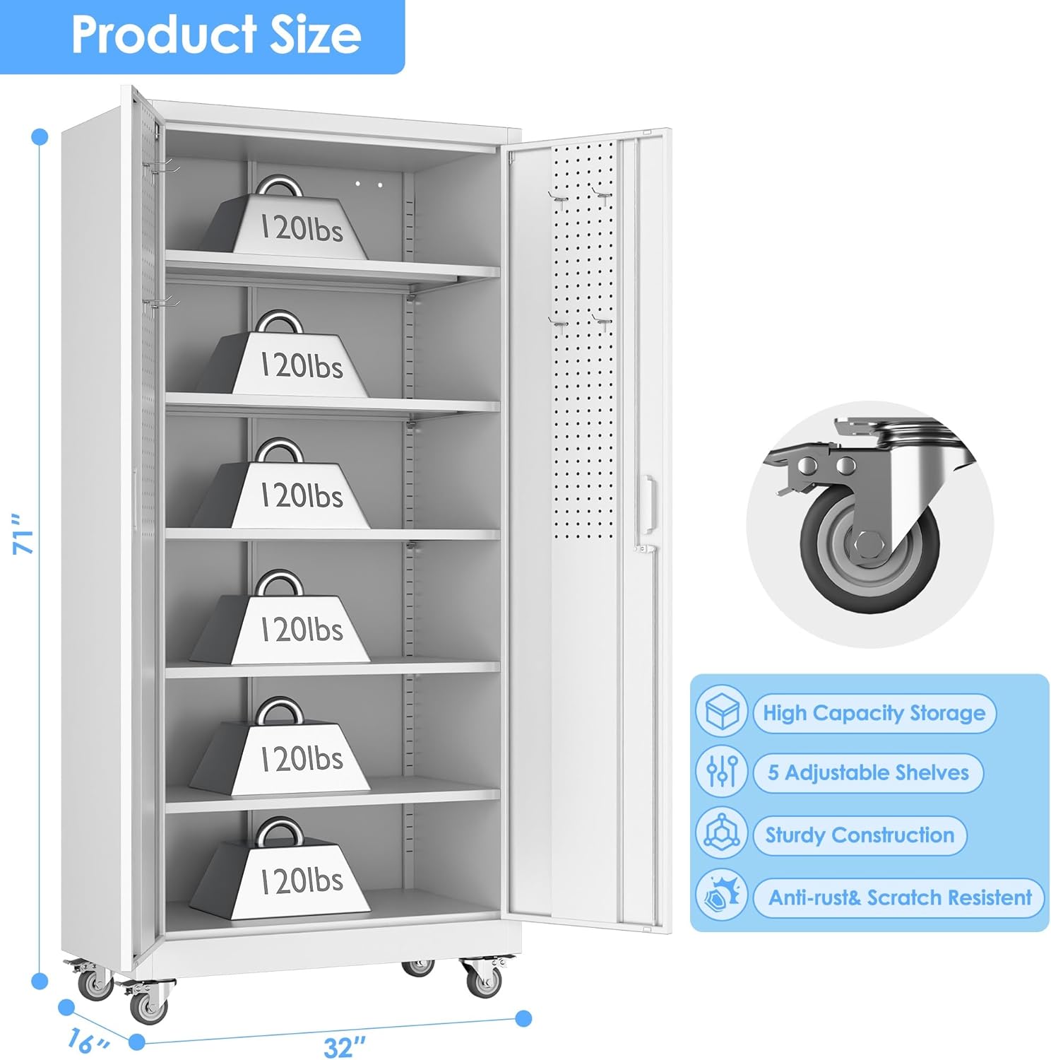 SUXXAN Metal Storage Cabinet with Wheels and Pegboard, 71" Tall Industrial Steel Cabinet with 5 Adjustable Shelves & Locking Doors, Rolling Garage Storage Cabinet for Office, Pantry, Home