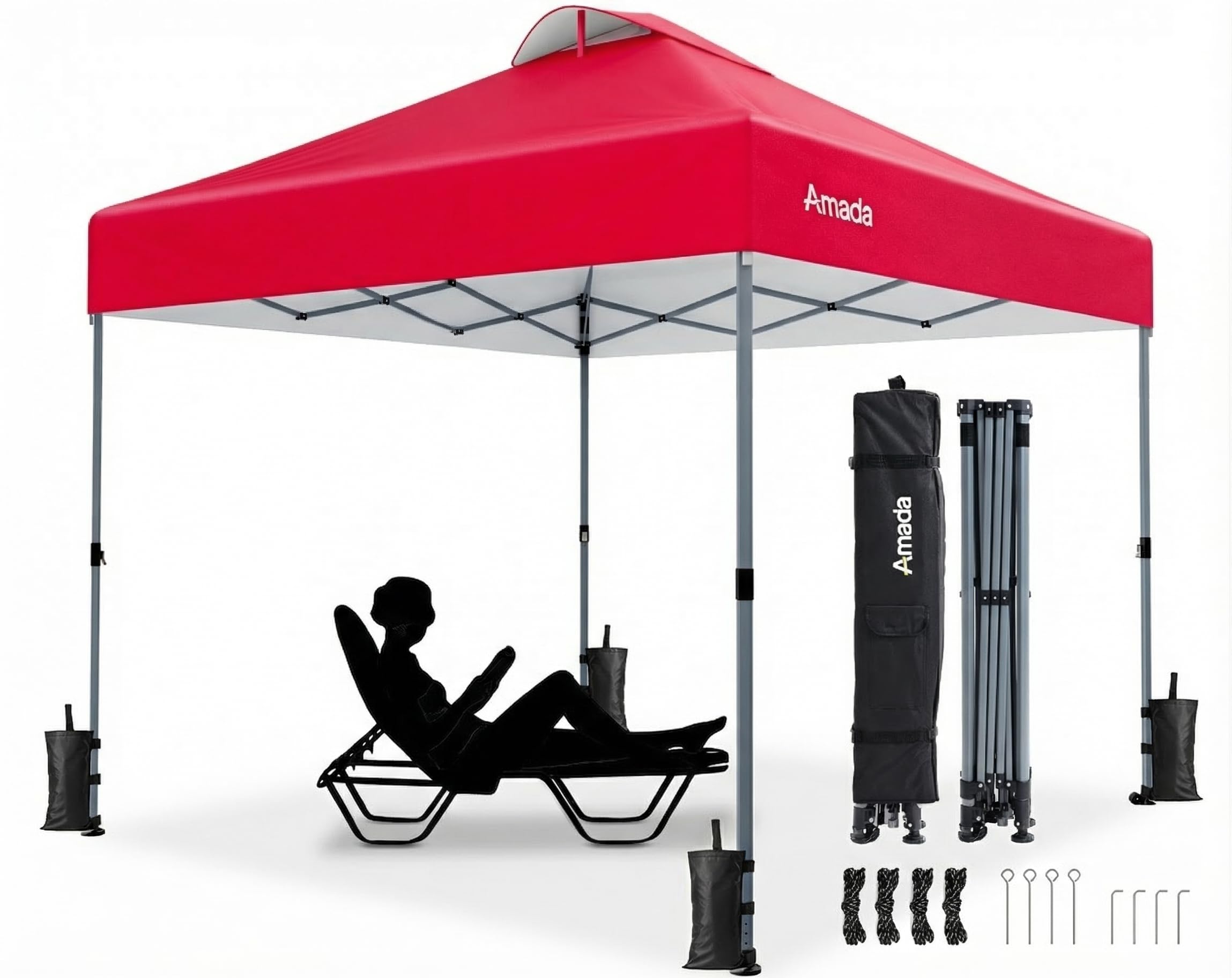 Amada 10x10 Pop Up Canopy Tent, 1-Button Push Easy-up Outdoor Canopy Beach Tent with 3-Height Adjustable Waterproof Shade Shelter, Wheeled STO-N-Go Bag 8 Stakes, 4 SandBags (Khaki)