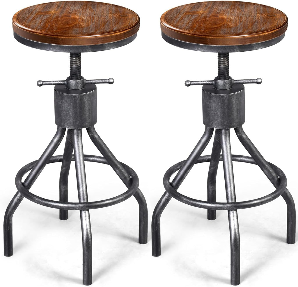 LOKKHAN Set of 2 Industrial Bar Stool-Vintage Adjustable Round Wood Metal Swivel Bar Stool-Cast Iron-23-30 Inch Tall Counter Bar Height Farmhouse Kitchen Stools