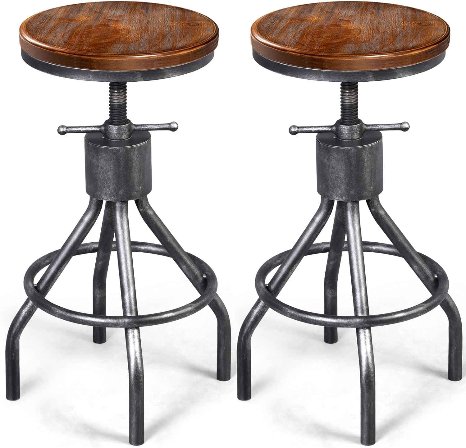 LOKKHAN Set of 2 Industrial Bar Stool-Vintage Adjustable Round Wood Metal Swivel Bar Stool-Cast Iron-23-30 Inch Tall Counter Bar Height Farmhouse Kitchen Stools