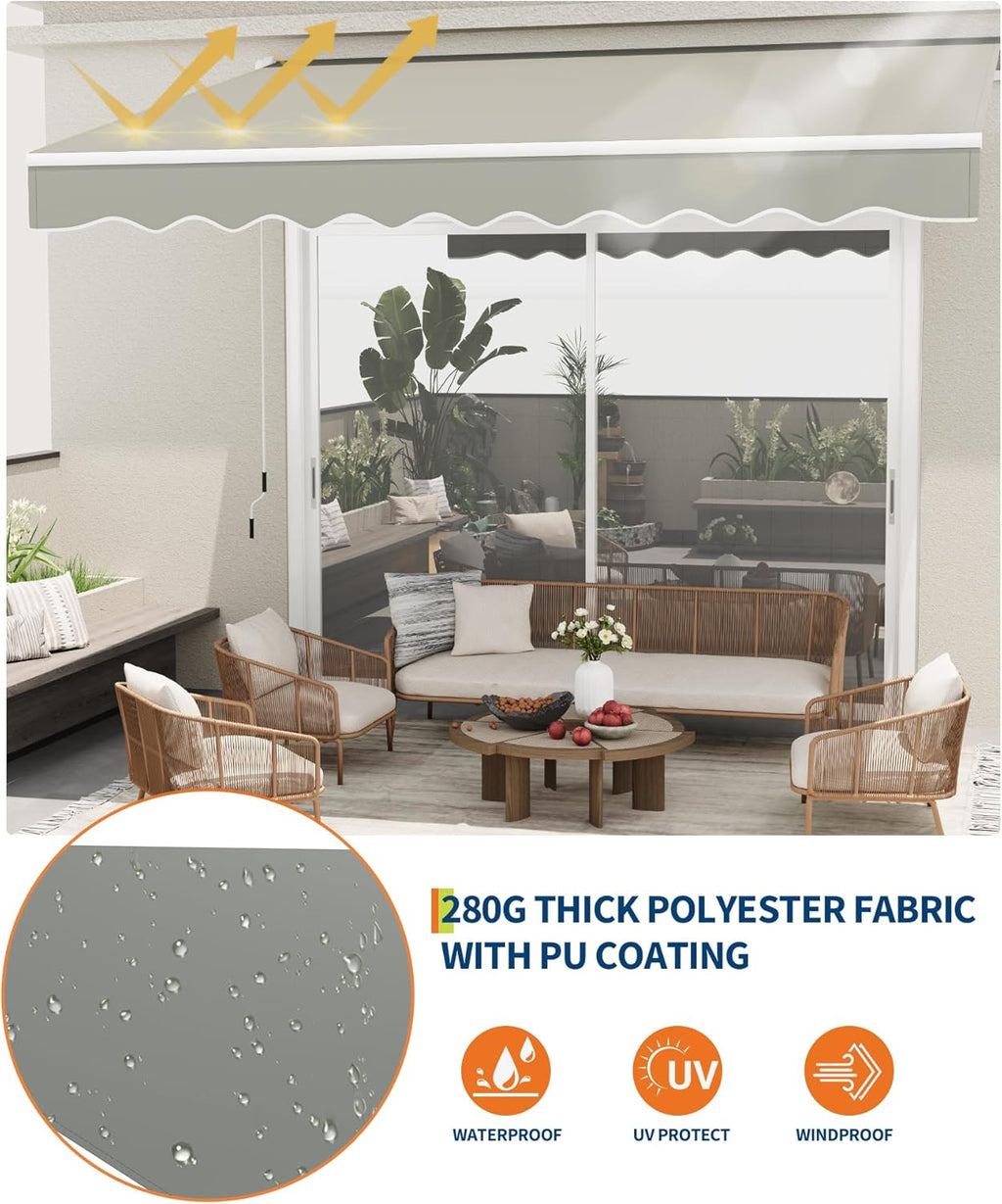 GarveeLife 13'x10' Retractable Awning, Waterproof Patio Awning, Sun Shade Awning with Manual Crank Handle, Aluminum Frame, 280 g/㎡ Polyester Fabric, for Deck, Porch, Balcony, Grey