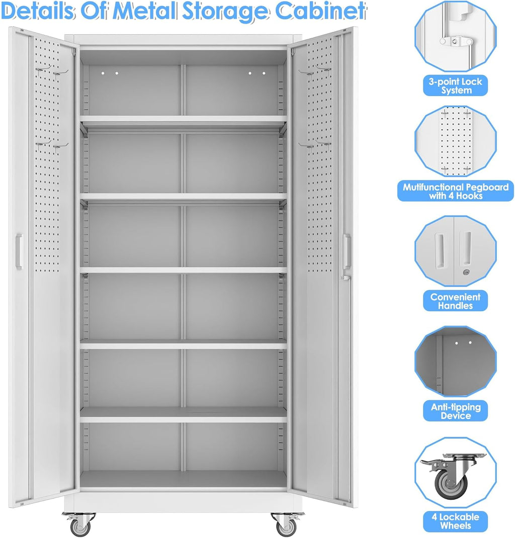 SUXXAN Metal Storage Cabinet with Wheels and Pegboard, 71" Tall Industrial Steel Cabinet with 5 Adjustable Shelves & Locking Doors, Rolling Garage Storage Cabinet for Office, Pantry, Home