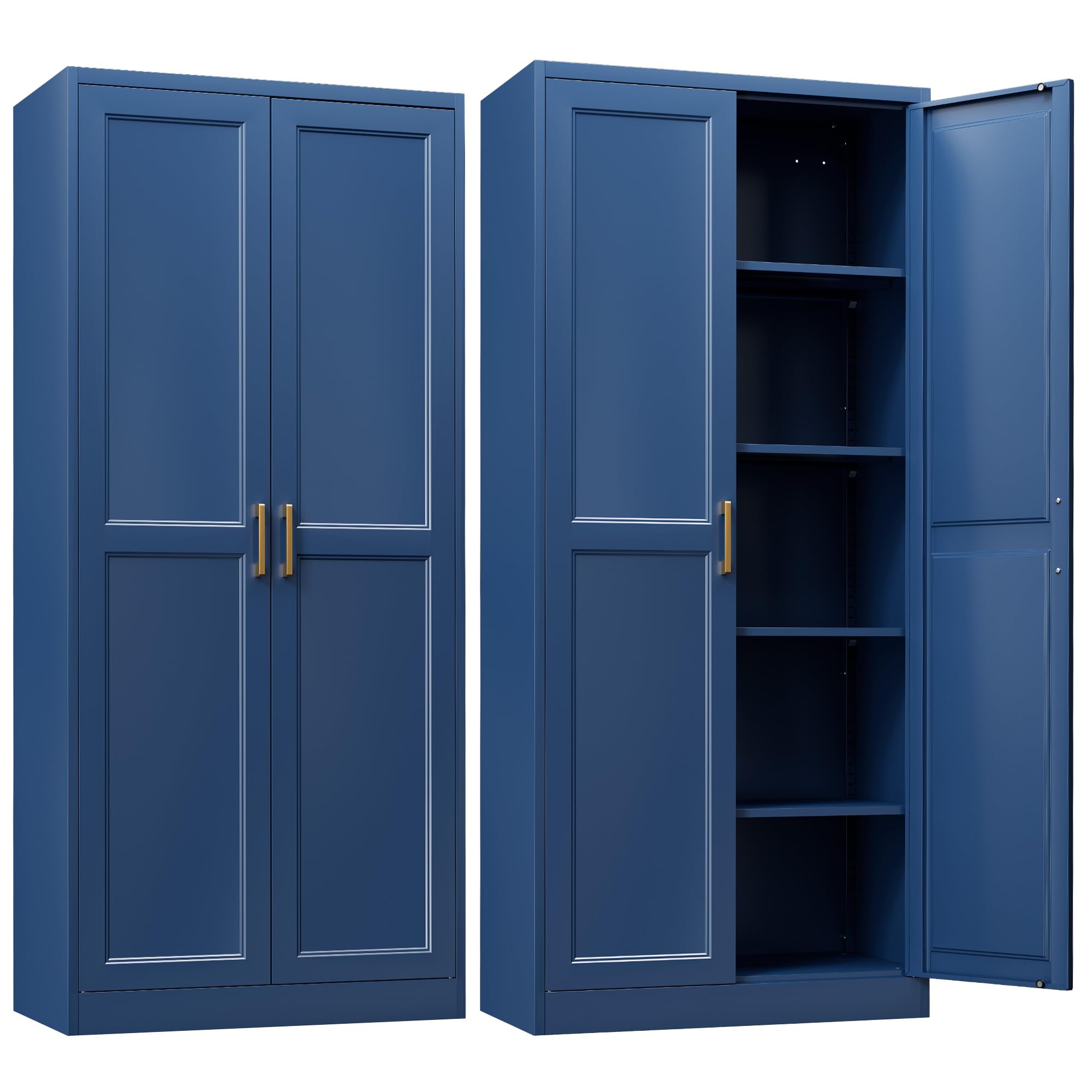 SteeLoong Kitchen Pantry Cabinet,71”Black Metal Pantry Storage Cabinet with Doors and 4 Adjustable Shelves,Kitchen Cabinet with 2 Gold Handles,Tall Cabinet for Livingroom,Pantry, Bathroom