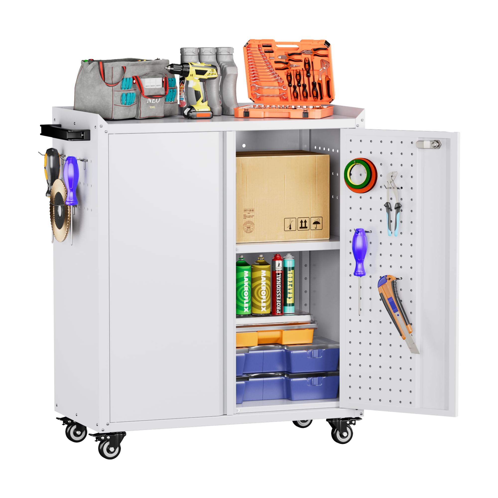 SUXXAN Metal Storage Cabinet with Wheels and Pegboard, 71" Tall Industrial Steel Cabinet with 5 Adjustable Shelves & Locking Doors, Rolling Garage Storage Cabinet for Office, Pantry, Home