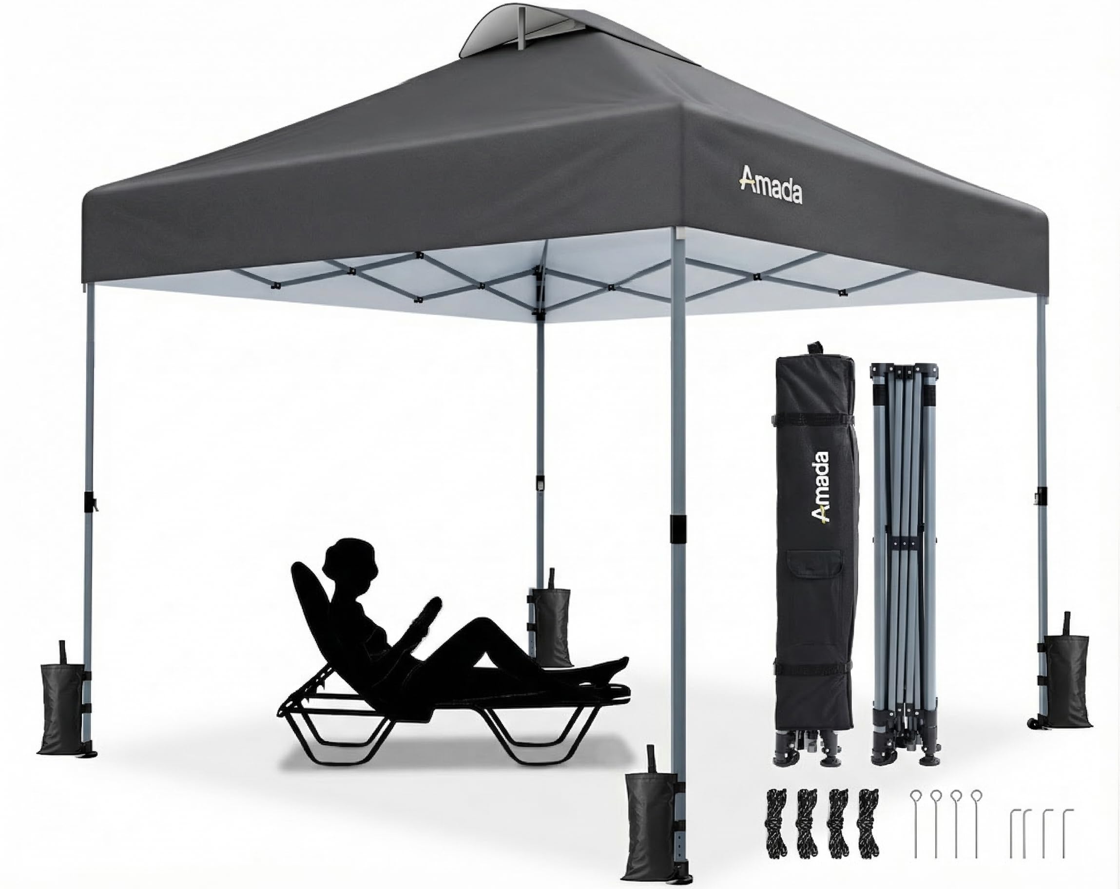 Amada 10x10 Pop Up Canopy Tent, 1-Button Push Easy-up Outdoor Canopy Beach Tent with 3-Height Adjustable Waterproof Shade Shelter, Wheeled STO-N-Go Bag 8 Stakes, 4 SandBags (Khaki)