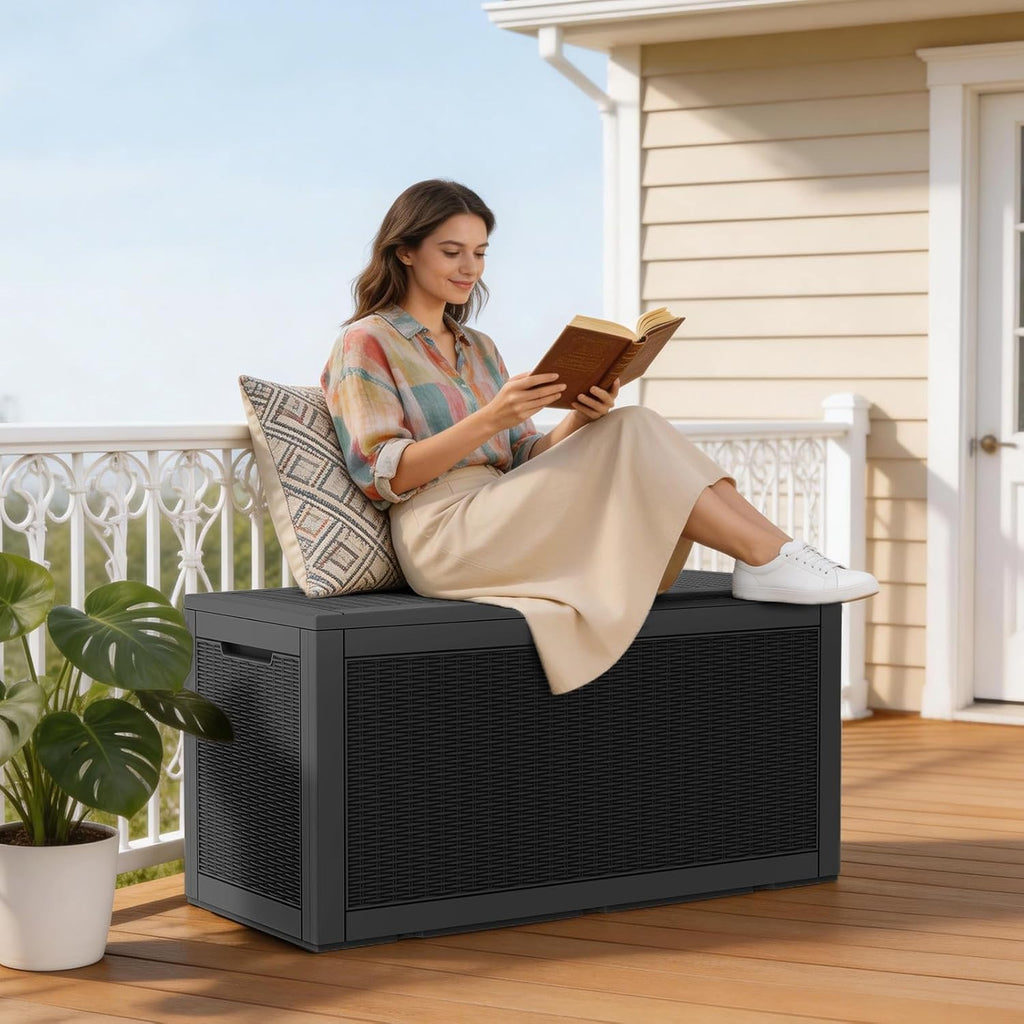 Mars Villa 100 Gallon Outdoor Storage Box, Large Resin Deck Box Waterproof, for Outside Patio Furniture Cushion, Pool Supply, with Hydraulic Hinge, UV-Resistant and Weatherproof, Rattan Black